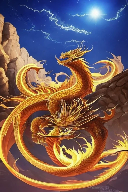 So sublime and divine々A beautiful golden dragon coiled up in the center of the screen, glaring at the camera.。金色のThe dragon is幸せをもたらす神なのでとても有難い存在である。The surrounding area is a canyon where no one can get close, and lightning is flashing in the background.、The sun is shining brightly。The dragon is、I want a realistic image。A man standing at the bottom of the canyon is worshipping the dragon with gratitude.。