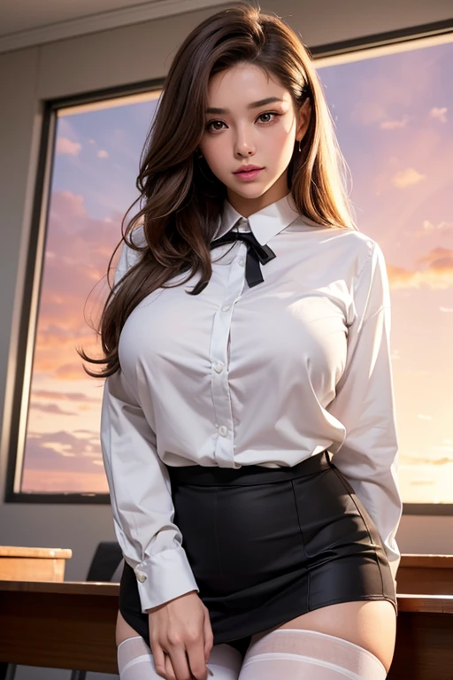 top-quality, masterpiece, high-detail, 16k picture quality, Beautiful , Light brown medium hair, beautiful eyes of light brown, Uniforms, White blouses, Black_pantyhose, White panties showing through pantyhose, plump big breasts, Large breasts that hang down by gravity, naked breasts, parted shirt, blushing, She is Looking at the camera, Enraptured look, Opening legs, evening classroom, Bright red sky, Beautiful clouds in madder color
