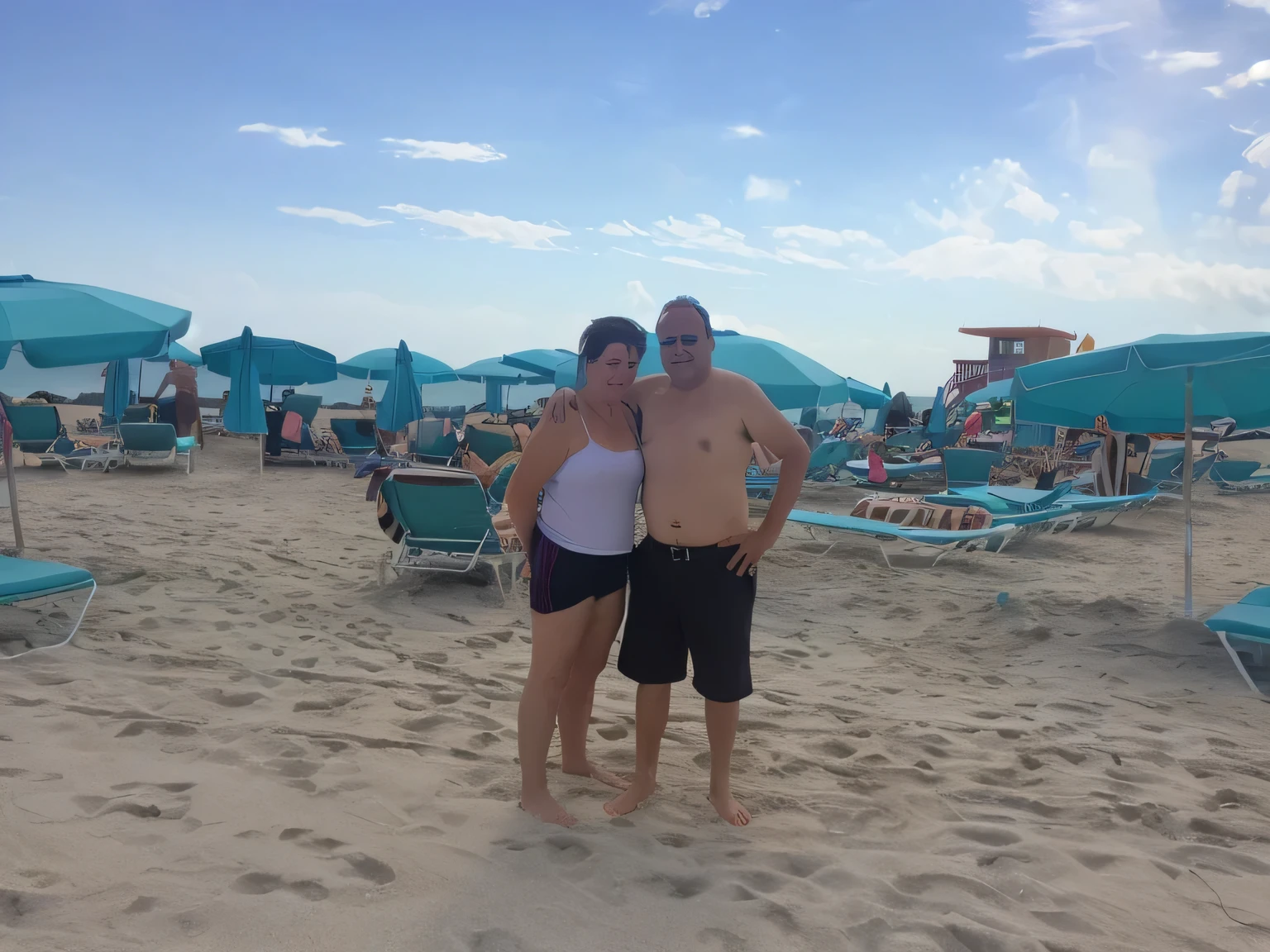 there are two people standing on the beach with umbrellas in the background, happy Miami beach scene, beach photo, vacation photo, on the beach, standing on the beach, standing near the beach, on the beach, mom and dad, on a sunny day beach, profile picture, Miami Florida beach scene, on the beach, on the beach, back photo, on a beach