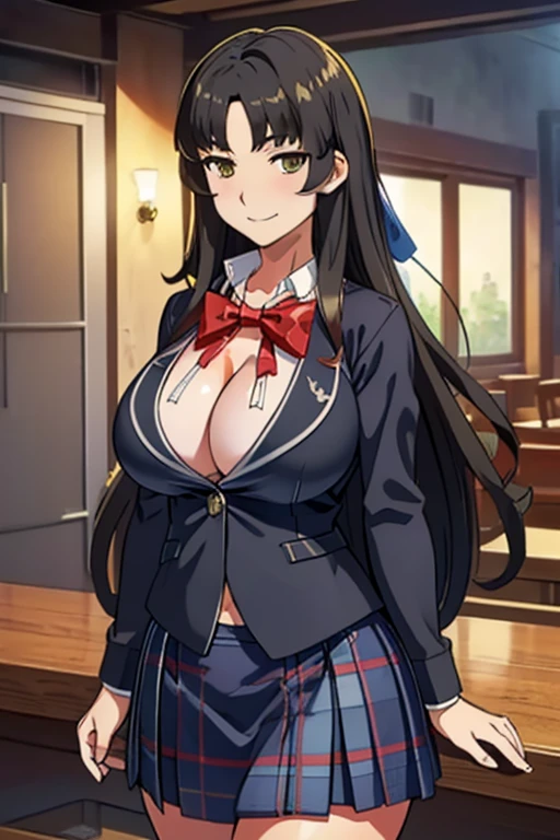 masterpiece, best quality, Saionji round beads, Casual suits, Collared shirt, bow tie, Plaid skirt, permanent, hall, looking at the audience, Cowboy shooting, Large Breasts(((Large Breasts、Low-cut,Cleavage, Wide hips,)))(Long legs), Smile