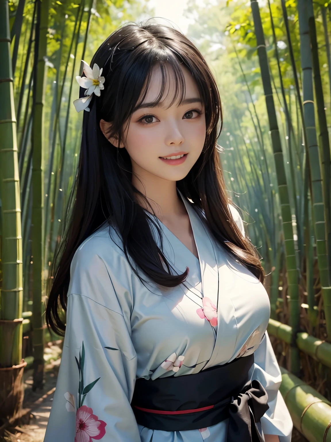 (ultra realistic) , (illustration), (increase resolution), (8K), (extremely detailed), (best illustration), (beautiful detailed eyes), (best quality), (ultra-detailed), (masterpiece), (wallpaper), (detailed face), solo,1 girl, looking at viewers, black straight hair, plump breasts, delicate details, in the dark, deep shadow, low key, pureerosfaceace_v1, happy smile, Summer Yukata, full body, bamboo forest