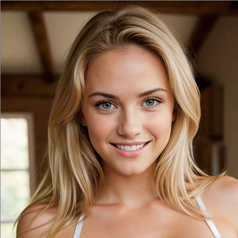 a close up of a woman wearing a white bra and a white bra, white bra, beautiful garota loira, cute sorriso sedutor, uma loira linda, blonde and attractive features, deusa loira, decote, beautiful mulher loira, sorriso sedutor, wearing bra, posing in bra, sutiãs push-up sexy, friendly sorriso sedutor, seios grandes, mulheres loiras, garota loira, mulher loira