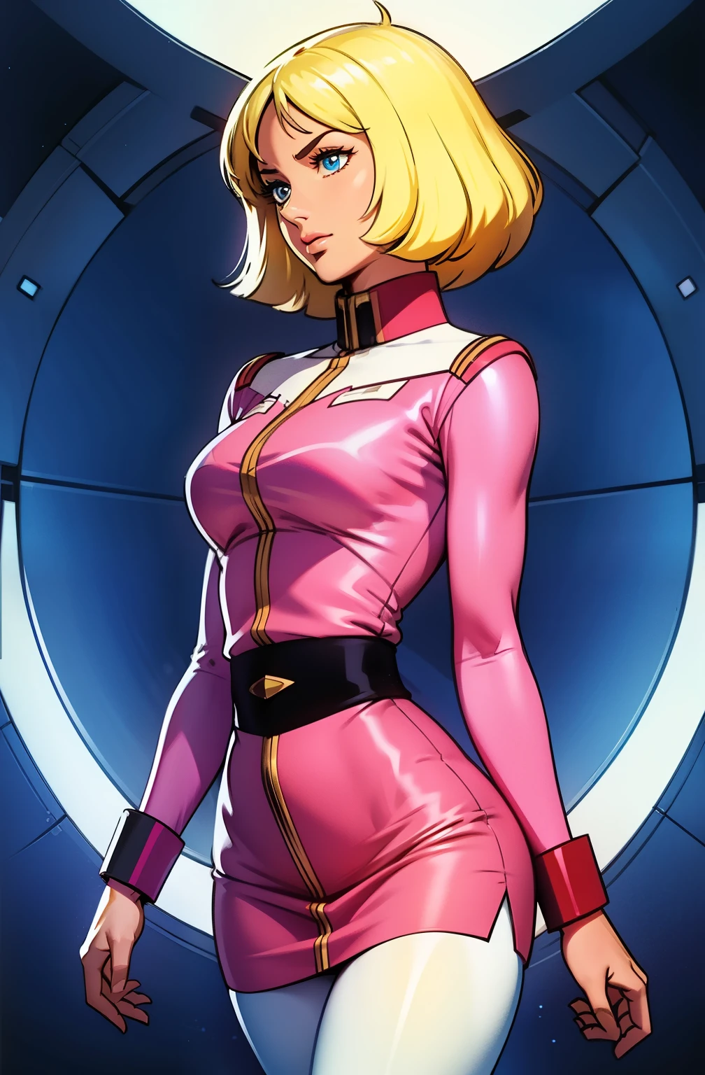((masterpiece)), ((cinematic lighting)), realistic photo、Real Images、Top image quality、1girl in, sayla mass, Elegant, masterpiece, Convoluted, slim arms, wide hips, thick thighs, thigh gaps, Best Quality, absurderes, high face detail, Perfect eyes, mature, Cowboy Shot, , Vibrant colors, soft pink uniform, soft pink Skirt, white tights, side view