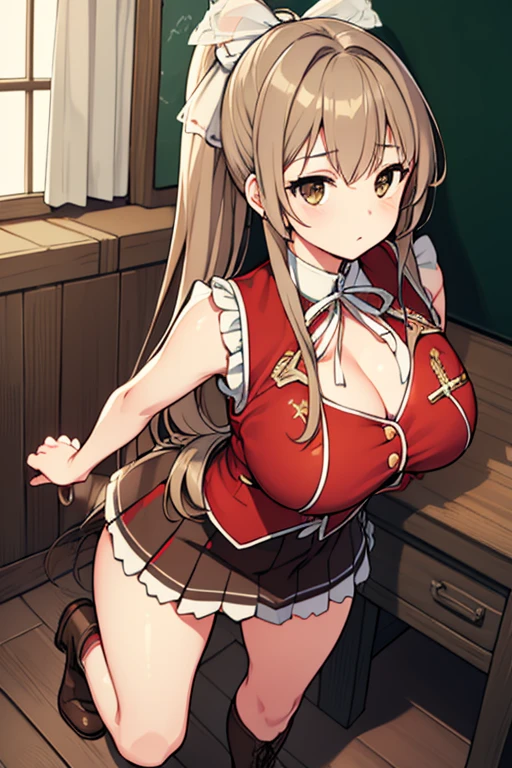 Isuzu Boat Soup, Isuzu battle soup, Ahog, (Brown eyes:1.7), Light brown hair, long hair, Ponytail, hair Ribbon, Ribbon, (breast:1.2)(((大breast、Low-cut,Cleavage, Wide hips,)))(Long legs),
rest aiguillette, ankle boots, black Ribbon, black skirt, boots, Brown footwear, Cross lace shoes, frilled skirt, Ruffles, Jacket, lace-up boots, army, army , pleated skirt, (red Jacket:1.5), skirt, High Leg Raise, , white High Leg Raise, white Ribbon, Buttons, (Sleeveless:1.5),
rest looking at viewer,
rest indoors, classroom,
rest (masterpiece:1.2), best quality, high resolution, Unity 8k Wallpaper, (illustration:0.8), (Beautiful and delicate eyes:1.6), Extremely detailed face, Perfect lighting, Extremely detailed CG, (Perfect hands, Perfect anatomical structure),