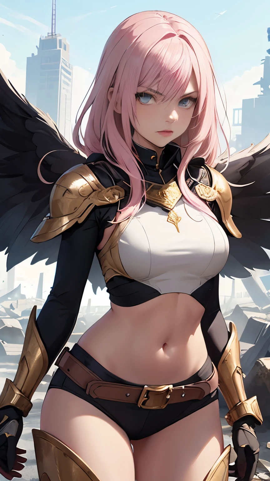 (Highly quality, masterpiece, detailed), Destroyed city detailed scenario, destroyed city detailed background, 20 years old girl, solo, angry, hero suit, straight hair, white and pink hair, Gold belt, gold wristband, Gold Shoulder pad, gold breast plates, 1girl, pink wings, crop top, Abdomen, Navel, beautiful eyes, perfect eyes, looking at the viewer, Sexy pose