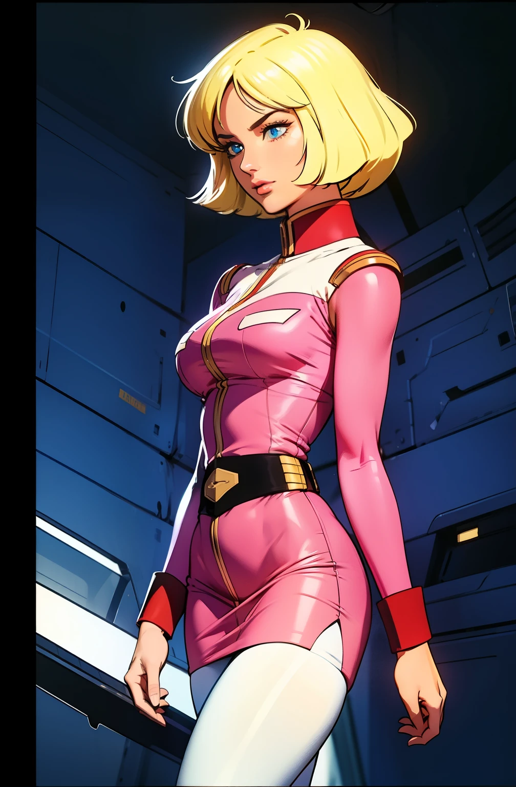 ((masterpiece)), ((cinematic lighting)), realistic photo、Real Images、Top image quality、1girl in, sayla mass, Elegant, masterpiece, Convoluted, slim arms, wide hips, thick thighs, thigh gaps, Best Quality, absurderes, high face detail, Perfect eyes, mature, Cowboy Shot, , Vibrant colors, soft pink uniform, soft pink Skirt, white tights, side view