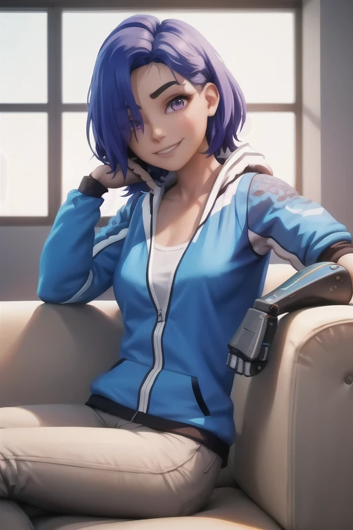 masterpiece, best quality, tari, blue hoodie, white pants, single mechanical arm, couch, sitting, looking at viewer, hair over one eye, purple eyes, happy, smiling 