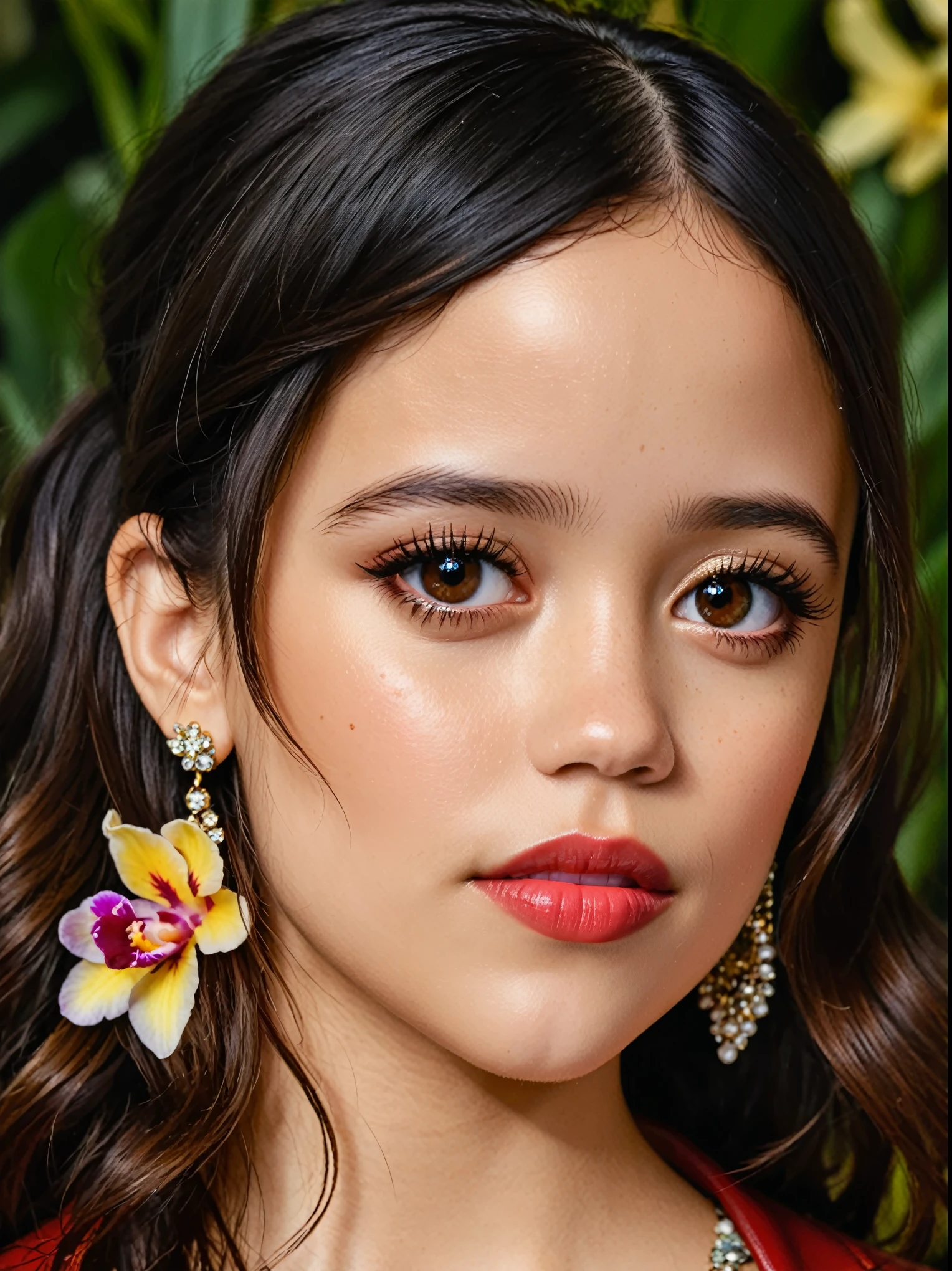 a close-up of a woman looks like Jenna Ortega wearing a floral dress and earrings, ihr Gesicht sieht aus wie eine Orchidee, beautiful latina face, nach unten geneigte Augen, size, strong, dicke Augenbrauen, schwarze Haare und detailed Augen, in photorealistic style, girl, long brown wave hair, brown eyes, red lips, leather pants and a brown leather jacket, standing in a Roman town marketplace, perfect make-up,