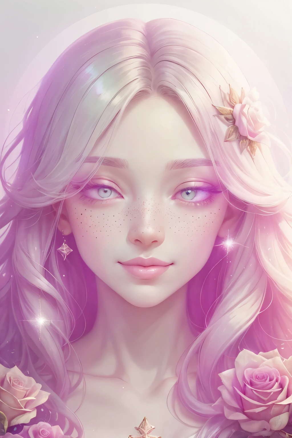 (This is a beautiful rainbow fantasy image that feels interesting and emphasizes glitter and iridescence.) Generate a ((blind)) curvy woman with colorful curly hair and milky white eyes. Her face is important and is perfectly formed with puffy lips and perfect features. (Her eyes are critically important and are (blank) and (solid white)). The image exudes ethereal beauty and soft fantasy. Include sweet and detailed birds and soft, luminous flowers in all the colors of the rainbow. The image's background is decorated in shades of pink, shimmer, glitter, and fantasy details like colored bubbles and cosmos. Utilize dynamic composition to create a compelling and action-packed image. Dramatic lighting and cinematic lighting enhance the woman's beauty and the soft colors in the artwork. (((((Perspective: head on.))))) Include fantasy, cute, colorful, colourful, interesting magic background, ((((blank eyes)))), ((((empty white eyes)))), (shirome eyes:1.3), (smirking), (perfectly rendered solid whiteeyes), ((birthmark on lip)), ((pretty lips)), beautiful background, complex background, sweet background, (((rainbow))), subtle freckles, natural freckles, Surround her with eternal roses in shimmering shades. Add whimsical details like stars, bubbles, and glitter for an enchanting touch. Ensure perfection in her face, hair, and eyes. Incorporate elements of high fantasy, whimsy, and detailed elegance. English rose, princess, courtesan, noblewoman, sweet, lovely, calm, lovely, shimmering, glimmering, glittering, astrological fantasy, (((masterpiece))), (highest quality), magic rose, fantasy garden, beautiful face, perfect face, puffy lips, interesting, shy smile, fantasy elements, magic rose, beautiful eyes, perfect puffy lips, jewel tones, luminosity