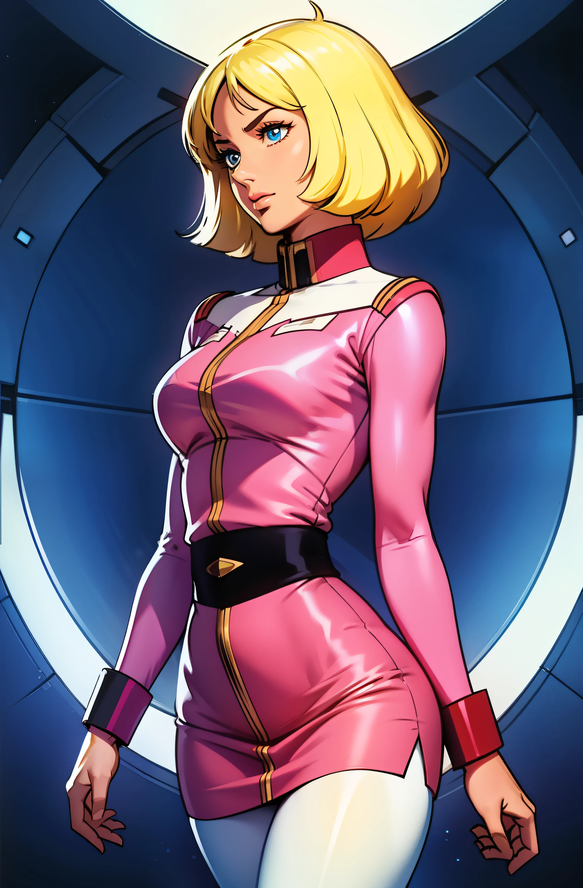 ((masterpiece)), ((cinematic lighting)), realistic photo、Real Images、Top image quality、1girl in, sayla mass, Elegant, masterpiece, Convoluted, slim arms, wide hips, thick thighs, thigh gaps, Best Quality, absurderes, high face detail, Perfect eyes, mature, Cowboy Shot, , Vibrant colors, soft pink uniform, soft pink Skirt, white tights, side view