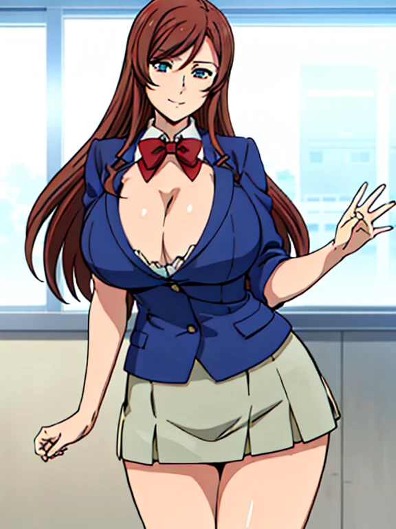 permanent, Blue jacket, Blue Suit , Red bow tie, (Blue pleated skirt), White shirt, (Classroom Background), Shenmu Future, Mature woman, anime cels style, best quality, high resolution, 1 Girl, (Huge breasts:1.2)(((Large Breasts、Low-cut,Cleavage, Wide hips,)))(Long legs) (Wide hips), Pretty Face, beautiful fingers, 漂亮Long legs, Beautiful Body, Beautiful nose, Beautiful character design, brown hair, long hair, Bangs, blue eyes, looking at the audience, Cowboy shooting, Smile