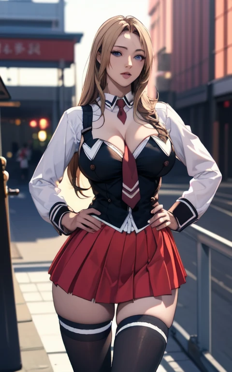 ((masterpiece, best quality)), Insanares, absurd, Solitary, outdoor,
clothing_Bible Black_Uniforms_My grandmother, 
1 Girl, Blonde Hair,  long hair, blue eyes, (((Large Breasts、Low-cut，Cleavage, Wide hips,)))(Long legs) (Wide hips)
Black vest, Red Skirt, White shirt, Collared shirt, Suspenders, , Black over-the-knee stockings, Absolutely great opportunity, tie, Long sleeve, Pleated Skirt, red tie, 
(Contrasting, Hands on Hips)lens flare, Depth of Field, Bokeh, ember, Vanishing point, looking at the audience,