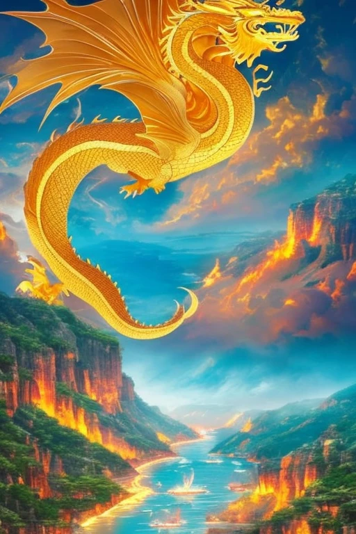 So sublime and divine々A beautiful golden dragon coiled up in the center of the screen, glaring at the camera.。金色のThe dragon is幸せをもたらす神なのでとても有難い存在である。The surrounding area is a canyon where no one can get close, and lightning is flashing in the background.、The sun is shining brightly。A man standing at the bottom of the canyon is worshipping the dragon with gratitude.。The dragon is、I want a realistic image。