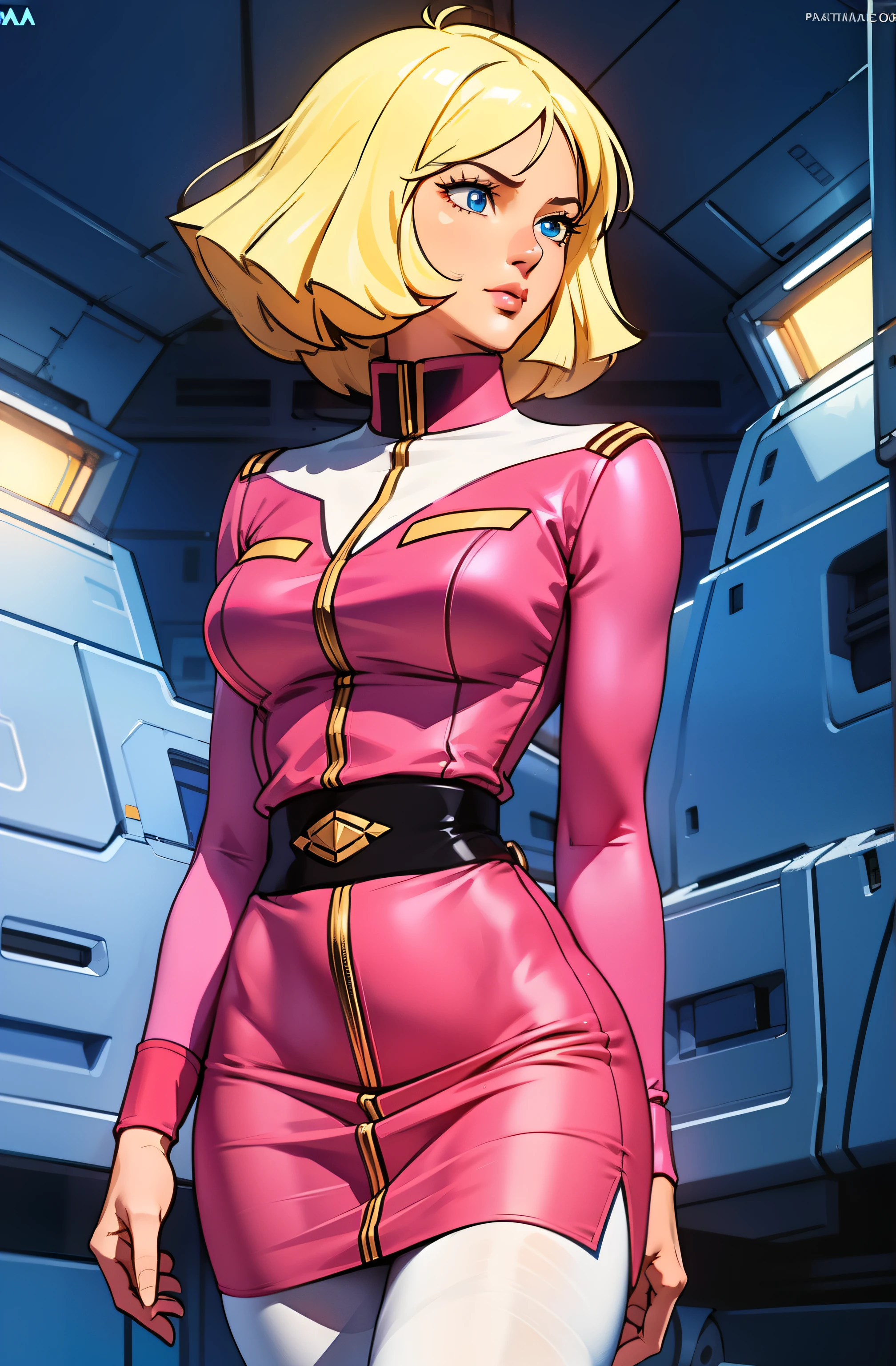 ((masterpiece)), ((cinematic lighting)), realistic photo、Real Images、Top image quality、1girl in, sayla mass, Elegant, masterpiece, Convoluted, slim arms, wide hips, thick thighs, thigh gaps, Best Quality, absurderes, high face detail, Perfect eyes, , Cowboy Shot, , Vibrant colors, soft pink uniform, soft pink Skirt, white tights, side view