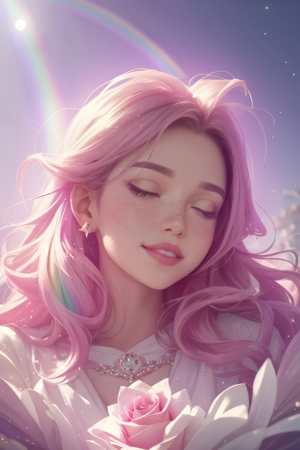 (This is a beautiful rainbow fantasy image that feels interesting and emphasizes glitter and iridescence.) Generate a ((blind)) curvy woman with colorful curly hair and milky white eyes. Her face is important and is perfectly formed with puffy lips and perfect features. (Her eyes are critically important and are (blank) and (solid white)). The image exudes ethereal beauty and soft fantasy. Include sweet and detailed birds and soft, luminous flowers in all the colors of the rainbow. The image's background is decorated in shades of pink, shimmer, glitter, and fantasy details like colored bubbles and cosmos. Utilize dynamic composition to create a compelling and action-packed image. Dramatic lighting and cinematic lighting enhance the woman's beauty and the soft colors in the artwork. (((((Perspective: head on.))))) Include fantasy, cute, colorful, colourful, interesting magic background, ((((blank eyes)))), ((((empty white eyes)))), (shirome eyes:1.3), (smirking), (perfectly rendered solid whiteeyes), ((birthmark on lip)), ((pretty lips)), beautiful background, complex background, sweet background, (((rainbow))), subtle freckles, natural freckles, Surround her with eternal roses in shimmering shades. Add whimsical details like stars, bubbles, and glitter for an enchanting touch. Ensure perfection in her face, hair, and eyes. Incorporate elements of high fantasy, whimsy, and detailed elegance. English rose, princess, courtesan, noblewoman, sweet, lovely, calm, lovely, shimmering, glimmering, glittering, astrological fantasy, (((masterpiece))), (highest quality), magic rose, fantasy garden, beautiful face, perfect face, puffy lips, interesting, shy smile, fantasy elements, magic rose, beautiful eyes, perfect puffy lips, jewel tones, luminosity