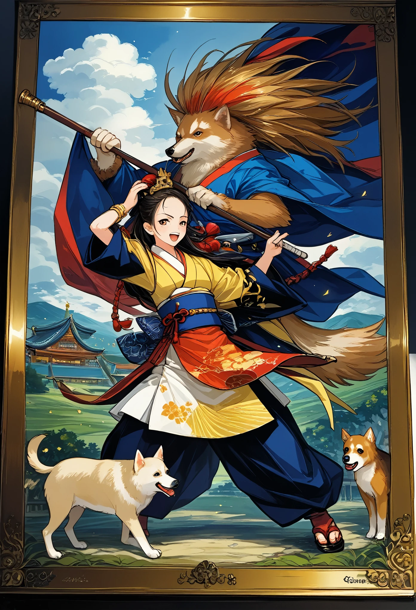 e621(masterpiece, top quality, best quality)dynamic scene from the Japanese folktale 'Momotaro', showing Momotaro fighting alongside his animal companions, a dog, a monkey, and a pheasant, against the ogres, The scene should be set on the Ogre Island, with Momotaro wearing traditional Japanese warrior clothing, holding a flag with the peach emblem, The animals should be actively participating in the battle, and ogres should appear menacing but not too scary, suitable for a children's book illustration, The style should be vibrant and detailed, capturing the energy and bravery of the legendary tale,