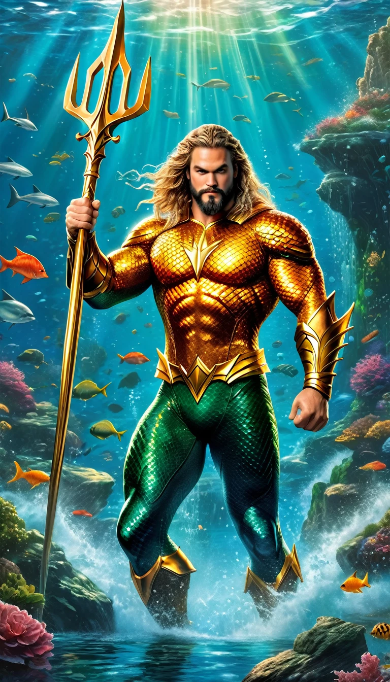 thomas kinkade art illustration of a portrait aquaman in watter, highly detailed, ultra realistic style style, garden, best quality, beautiful, ultra  detailed,  comic style , film grain