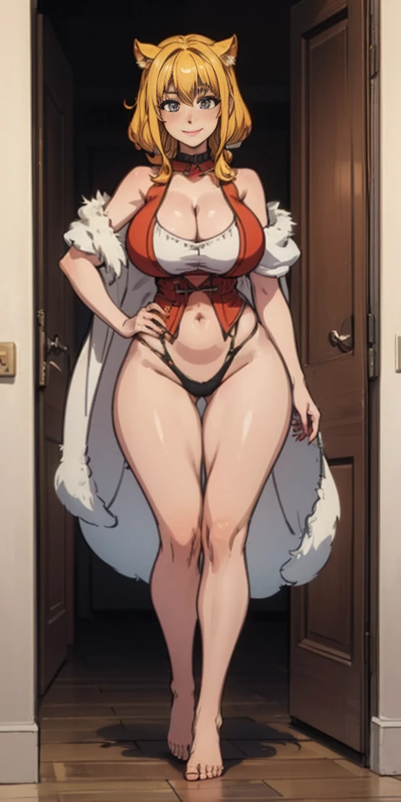 Roxanne Deming (Roxanne Demin) Can 1girl, Solitary, (((Large Breasts、Low-cut,Cleavage, Wide hips,)))(Long legs) (Wide hips), Body posture: permanent, Direct, Symmetrical, barefoot, A smile on your face,Blushing, Furry ears, Dog ears, Blonde Hair