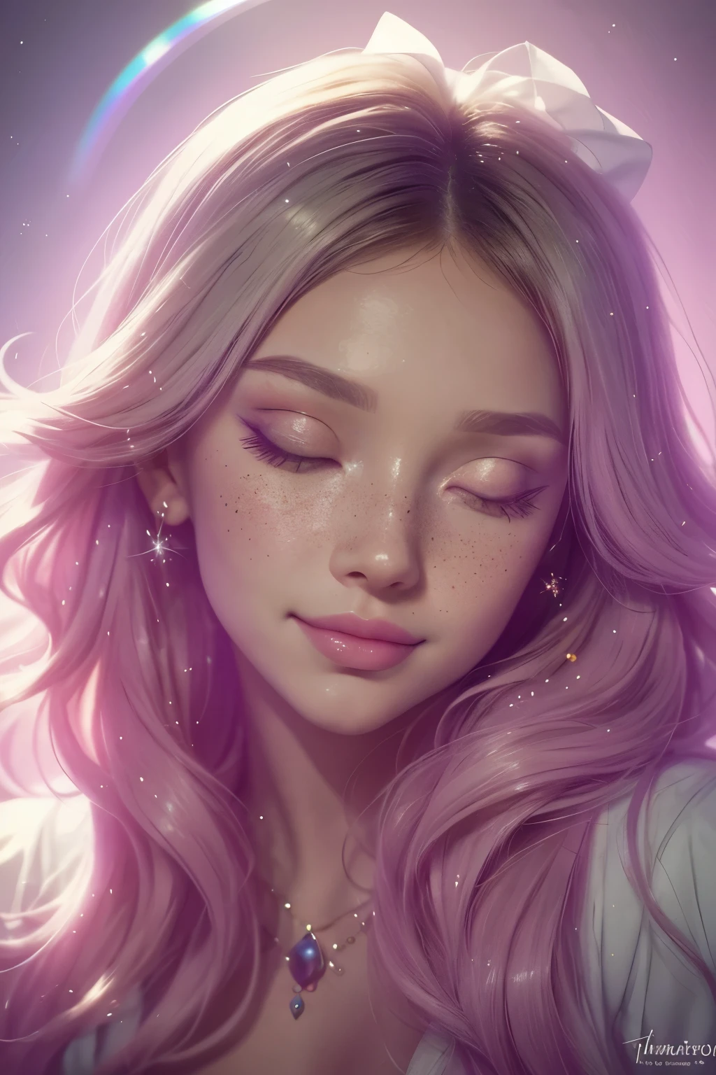 (This is a beautiful rainbow fantasy image that feels interesting and emphasizes glitter and iridescence.) Generate a ((blind)) curvy woman with colorful curly hair and milky white eyes. Her face is important and is perfectly formed with puffy lips and perfect features. (Her eyes are critically important and are (blank) and (solid white)). The image exudes ethereal beauty and soft fantasy. Include sweet and detailed birds and soft, luminous flowers in all the colors of the rainbow. The image's background is decorated in shades of pink, shimmer, glitter, and fantasy details like colored bubbles and cosmos. Utilize dynamic composition to create a compelling and action-packed image. Dramatic lighting and cinematic lighting enhance the woman's beauty and the soft colors in the artwork. (((((Perspective: head on.))))) Include fantasy, cute, colorful, colourful, interesting magic background, ((((blank eyes)))), ((((empty white eyes)))), (shirome eyes:1.3), (smirking), (perfectly rendered solid whiteeyes), ((birthmark on lip)), ((pretty lips)), beautiful background, complex background, sweet background, (((rainbow))), subtle freckles, natural freckles, Surround her with eternal roses in shimmering shades. Add whimsical details like stars, bubbles, and glitter for an enchanting touch. Ensure perfection in her face, hair, and eyes. Incorporate elements of high fantasy, whimsy, and detailed elegance. English rose, princess, courtesan, noblewoman, sweet, lovely, calm, lovely, shimmering, glimmering, glittering, astrological fantasy, (((masterpiece))), (highest quality), magic rose, fantasy garden, beautiful face, perfect face, puffy lips, interesting, shy smile, fantasy elements, magic rose, beautiful eyes, perfect puffy lips, jewel tones, luminosity