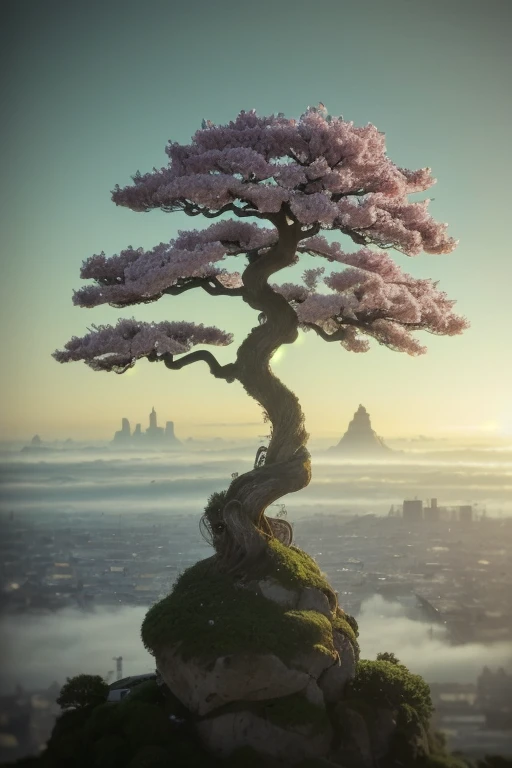 masterpiece, high quality, 8K Full HD, abstract colors, texture, film grain, skin pores:0.2 (tilt shift photography)1.2, intricate dramatic portrait of a beautiful (windblown)1.2 scifi steampunk (medieval fantasy magical cherry blossom bonsai tree)1.2 on top of a rocky mountain overlooking a futuristic (solarpunk)1.2 city, foggy morning, cinematic movie still frame, blade runner 2049, punk hair style, altered carbon, (analog style)1.3 (film grain)1.3, (best quality, high quality, absurdres, intricate detail, masterpiece, cinematic), highly detailed, motion blur, film grain, noise, lens effects.
