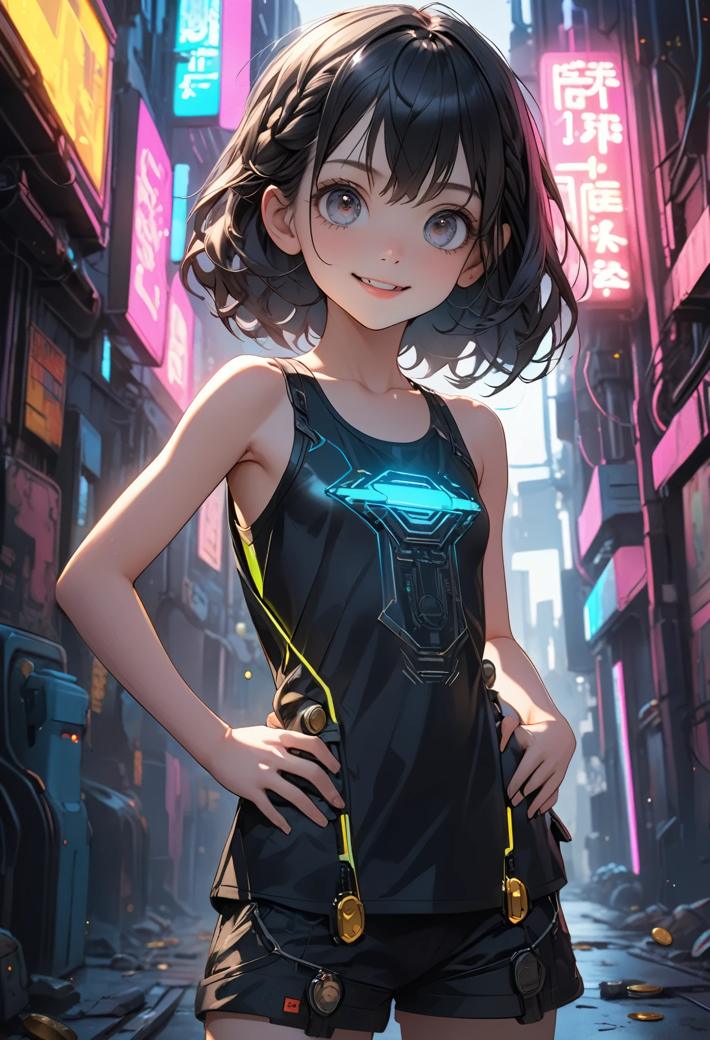 ((Masterpiece)), ((best quality)), (Anime:1.3), (super detail:1.2),(High Definition:1.3), (Professional Photography:1.2), (()), 1girl, cute teenage girlossy skin, (innocent smile), open mouth, (Place hands on hips), beautiful Slender body, (Healthy body), small breast, (silky black Hair), loose braid, cute eyes, round eyes, (Cyberpunk tanktop), coin belt, BREAK, ((best quality)), Light particles, (Neon Lights), ((on the cyberpunk alleyway)), vapor trail on the sky, (sharp focus), (perfect light),