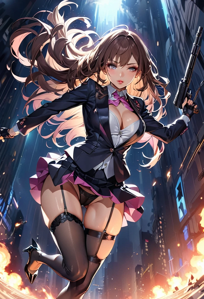 masterpiece、highest quality、Ultra-high resolution、Maximum resolution、Very detailed、Professional Lighting、anime、woman、thin、so beautiful、Sexy Suit、Mini tight skirt、Garter Stockings、High heels，Has an assault rifle、Grey Eyes、Brown Hair、long hair、Fingerless Gloves、Beautiful eyes、Pink Lips、Gloss Lip、Alone on the battlefield、A spectacular attack、Acrobatic Moves