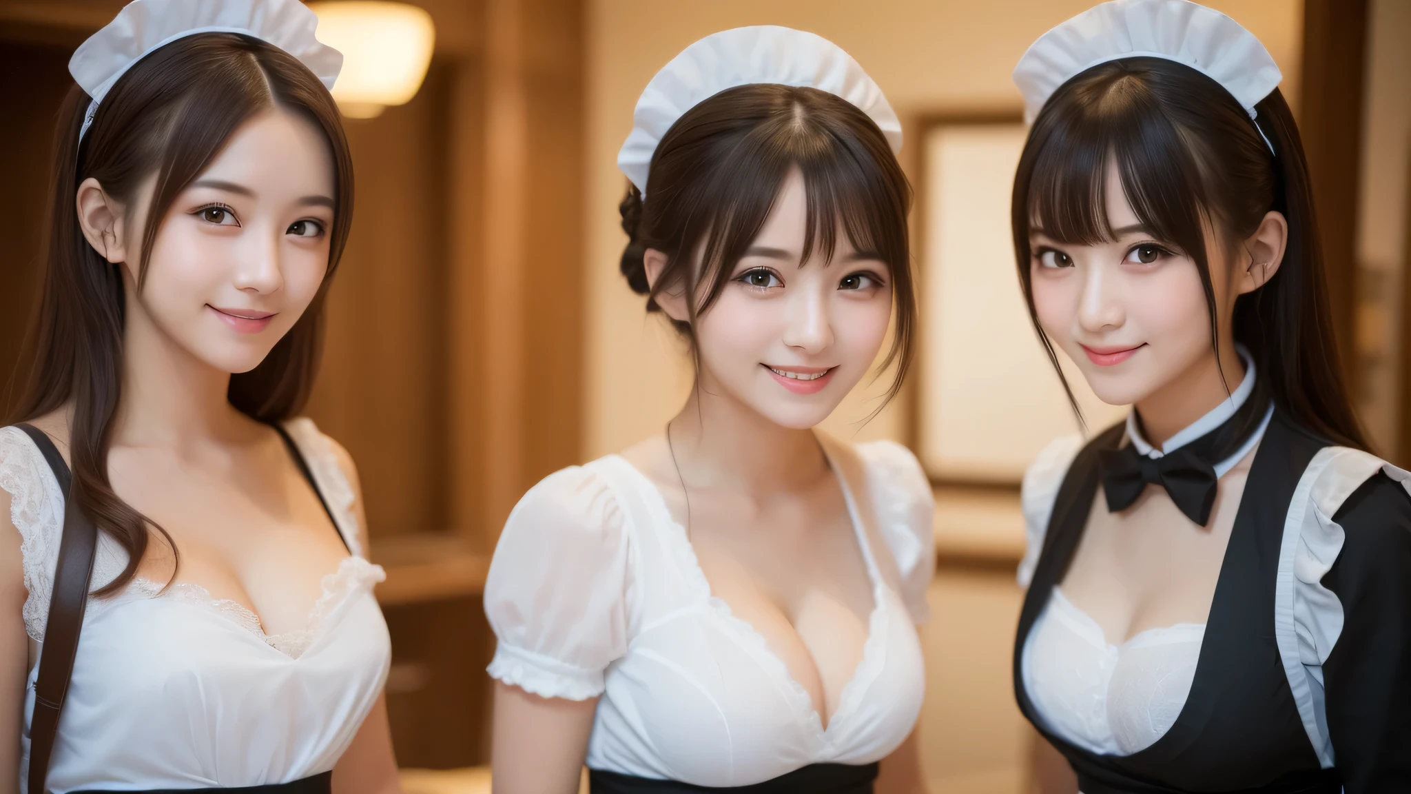 (2girl), kawaii face, (cute smile:1.2), (maid cafe costume, costume with frills, mini skirt:1.2), (best Quality:1.4), (hyper-realistic, hight resolution), Professional Photography, standing, Indoor, (maid cafe), Close up portrait of girl, staring at me, cleavage, (Fine face:1.2),