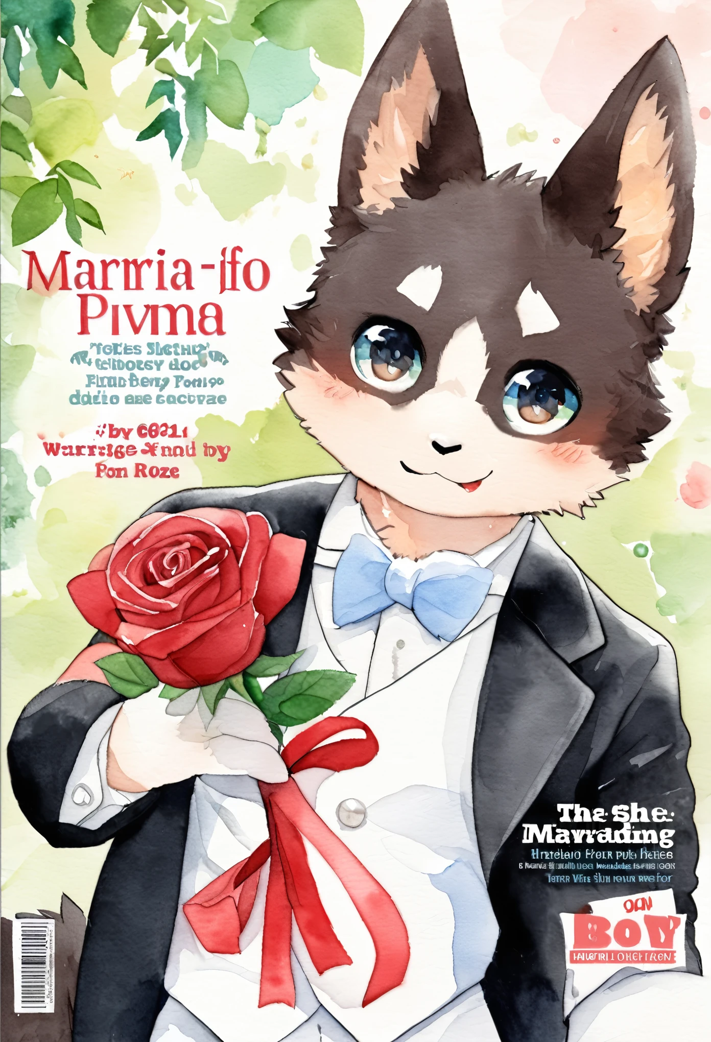 e621, cover page, marriage information magazine, Watercolor elements, 1boy, kemono, furry, detailed body fur, animal face, animal hand, Handsome boy in tuxedo holding a red rose and looking at viewer,