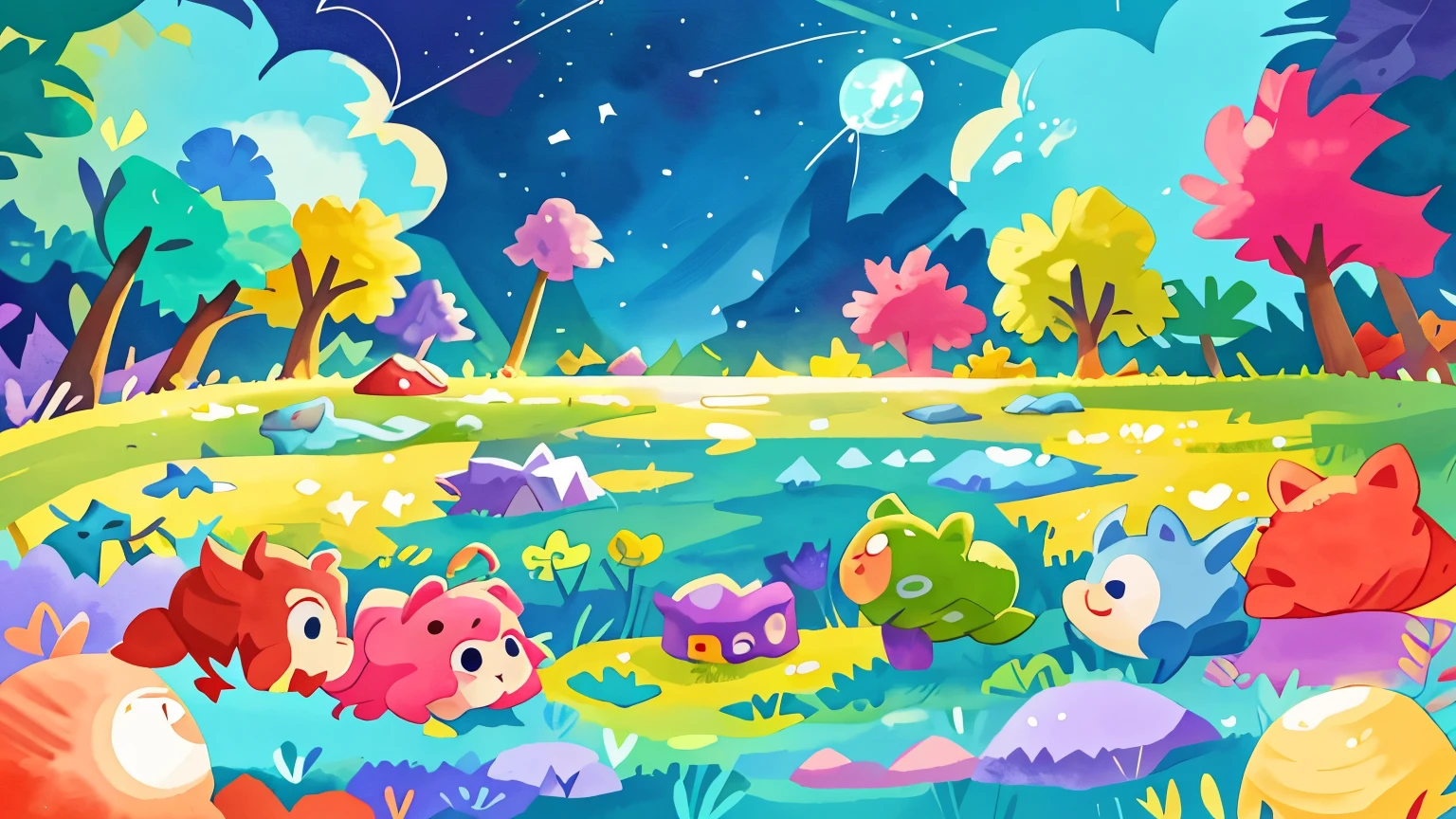 Create a whimsical watercolor illustration of a colorful city whit colorful little houses, on three, that looks like it came straight out of a dream. The planet is a true spectacle of lights and shapes , surreal features. A space ship, dynamic colors. The skies are painted with stunning auroras that reflect the diverse emotions of the inhabitants, filling the atmosphere with waves of pinks, blues, greens, and purples. Above, a starry sky adds to the magical ambiance, with stars twinkling in harmony with the auroras. The entire scene should evoke a sense of wonder, joy, and fantastical beauty, perfect for a children's book.
