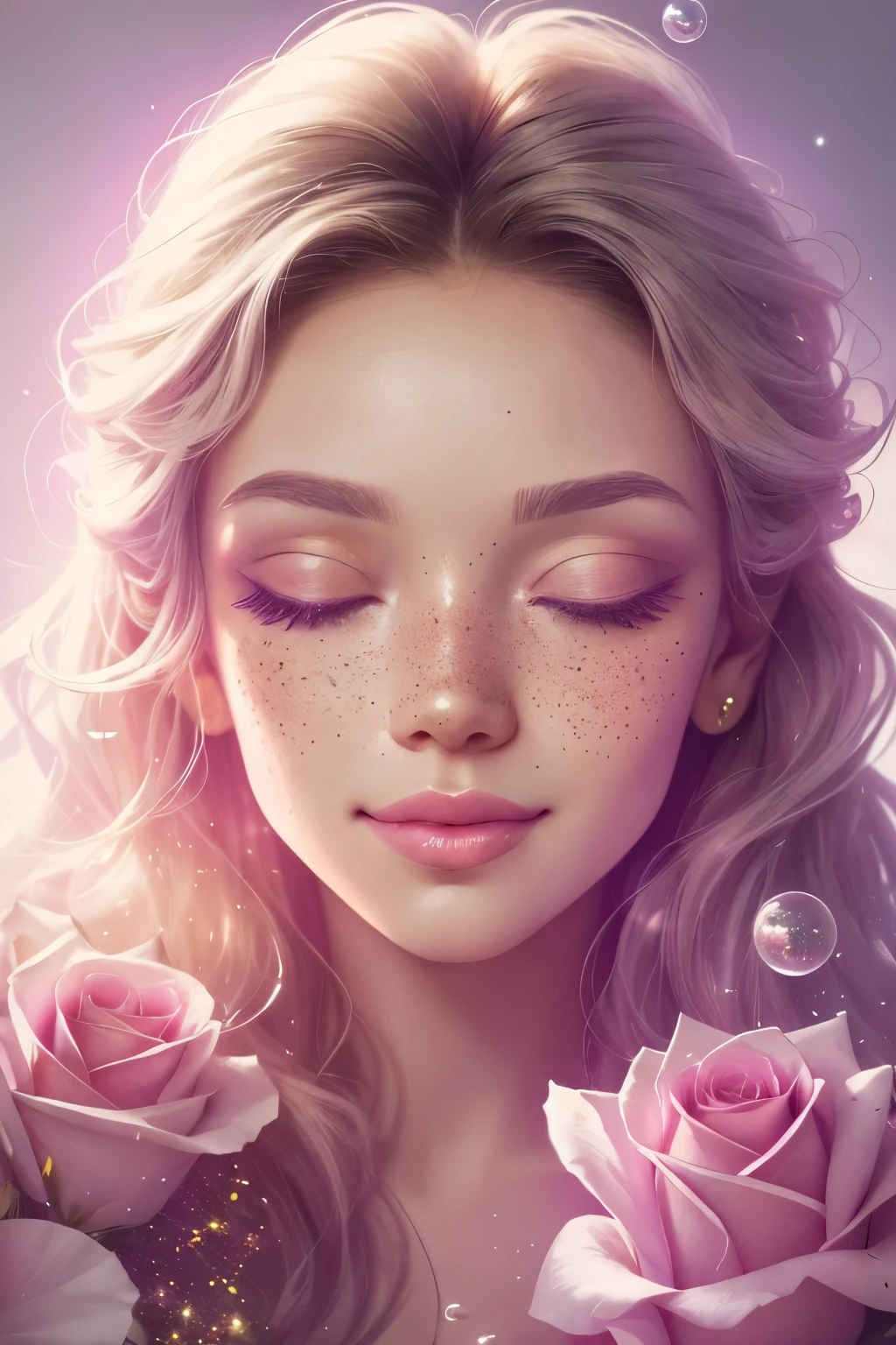 (This is a beautiful rainbow fantasy image that feels interesting and emphasizes glitter and iridescence.) Generate a ((blind)) curvy woman with colorful curly hair and milky white eyes. Her face is important and is perfectly formed with puffy lips and perfect features. (Her eyes are critically important and are (blank) and (solid white)). The image exudes ethereal beauty and soft fantasy. Include sweet and detailed birds and soft, luminous flowers in all the colors of the rainbow. The image's background is decorated in shades of pink, shimmer, glitter, and fantasy details like colored bubbles and cosmos. Utilize dynamic composition to create a compelling and action-packed image. Dramatic lighting and cinematic lighting enhance the woman's beauty and the soft colors in the artwork. (((((Perspective: head on.))))) Include fantasy, cute, colorful, colourful, interesting magic background, ((((blank eyes)))), ((((empty white eyes)))), (shirome eyes:1.3), (smirking), (perfectly rendered solid whiteeyes), ((birthmark on lip)), ((pretty lips)), beautiful background, complex background, sweet background, (((rainbow))), subtle freckles, natural freckles, Surround her with eternal roses in shimmering shades. Add whimsical details like stars, bubbles, and glitter for an enchanting touch. Ensure perfection in her face, hair, and eyes. Incorporate elements of high fantasy, whimsy, and detailed elegance. English rose, princess, courtesan, noblewoman, sweet, lovely, calm, lovely, shimmering, glimmering, glittering, astrological fantasy, (((masterpiece))), (highest quality), magic rose, fantasy garden, beautiful face, perfect face, puffy lips, interesting, shy smile, fantasy elements, magic rose, beautiful eyes, perfect puffy lips, jewel tones, luminosity