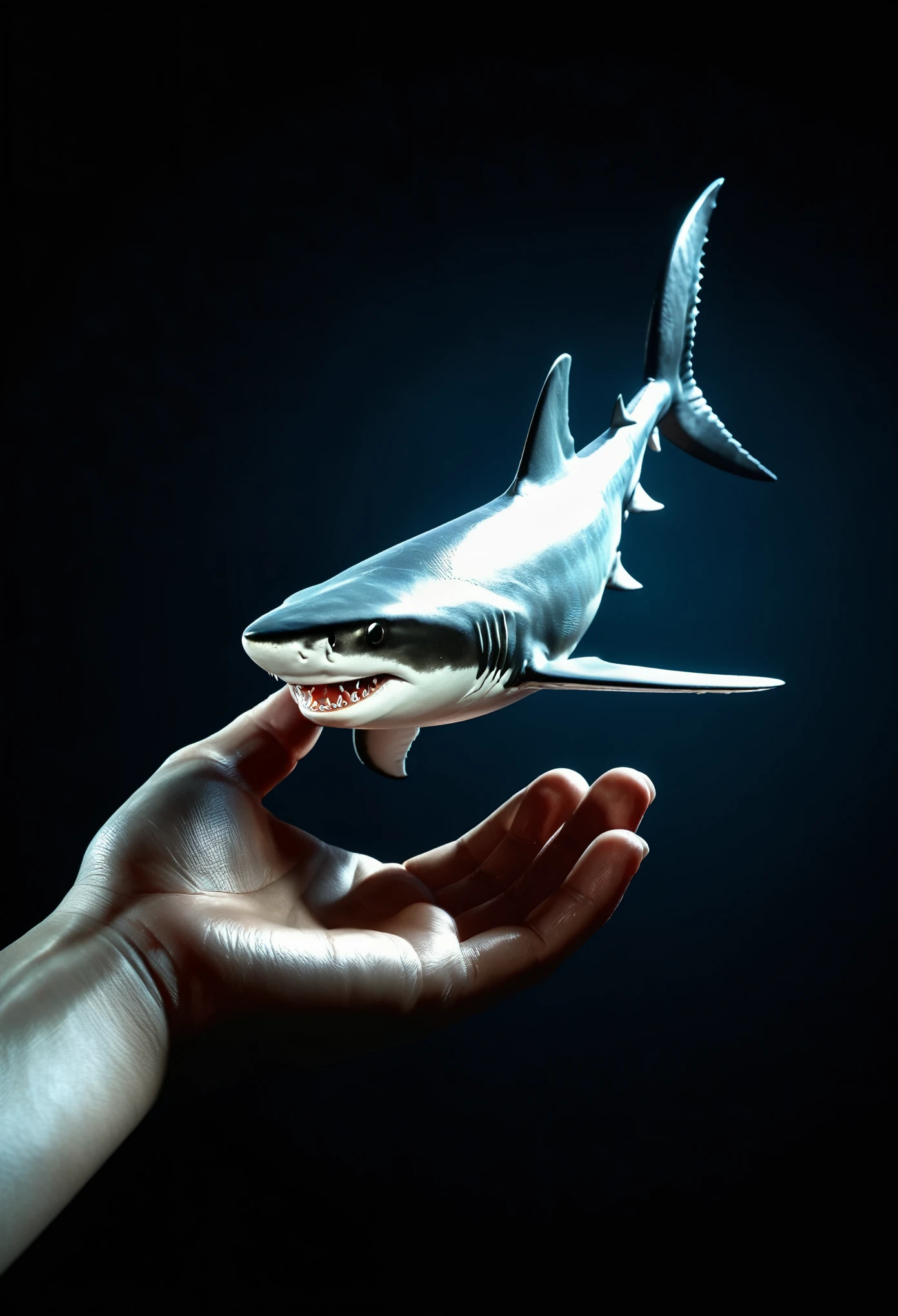 A hand holding a miniature shark in a hyper realistic style, rendered in Octane with a dark background and cinematic style.