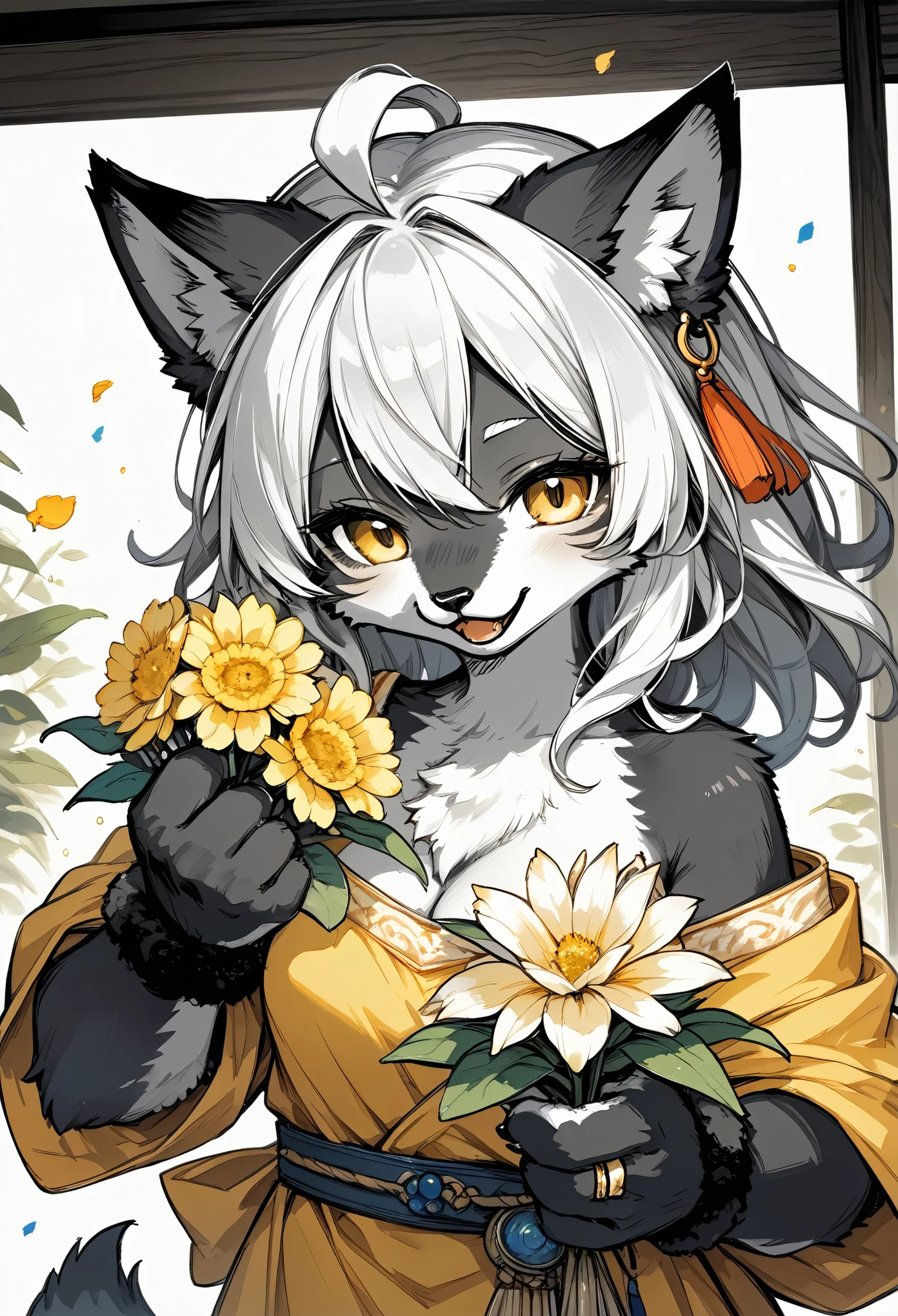 e621, monochrome, watercolor, highres, top quality, best quality, paid reward available, High-quality illustrations, unparalleled masterpiece, perfect artwork, absurdres, 1girl, kemono, furry, detailed body fur, animal face, animal hand, Archaic Smile, holding a cluster of yellow flower in both hands, which are positioned at chest level, She is wearing a simple ring on the ring finger of her left hand, unfocused spread of yellow flower, fan-created work shared on platforms Pixiv or Twitter,