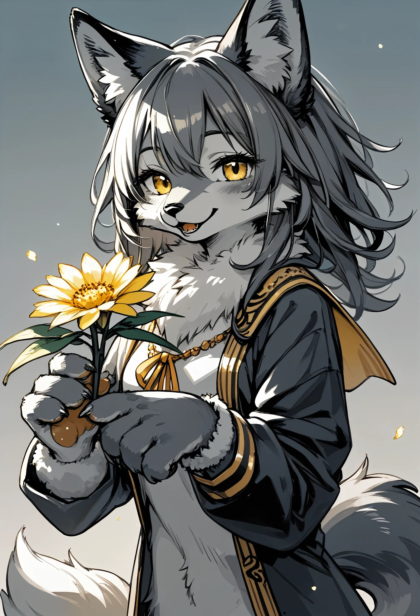 e621, monochrome, watercolor, highres, top quality, best quality, paid reward available, High-quality illustrations, unparalleled masterpiece, perfect artwork, absurdres, 1girl, kemono, furry, detailed body fur, animal face, animal hand, Archaic Smile, holding a cluster of yellow flower in both hands, which are positioned at chest level, She is wearing a simple ring on the ring finger of her left hand, unfocused spread of yellow flower, fan-created work shared on platforms Pixiv or Twitter,