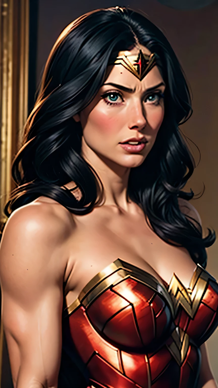 1girl, Lynn Collins as Wonder Woman, solo, long hair, black hair, lips, bare shoulders, upper body, blush, collarbone, action, fighting posture
