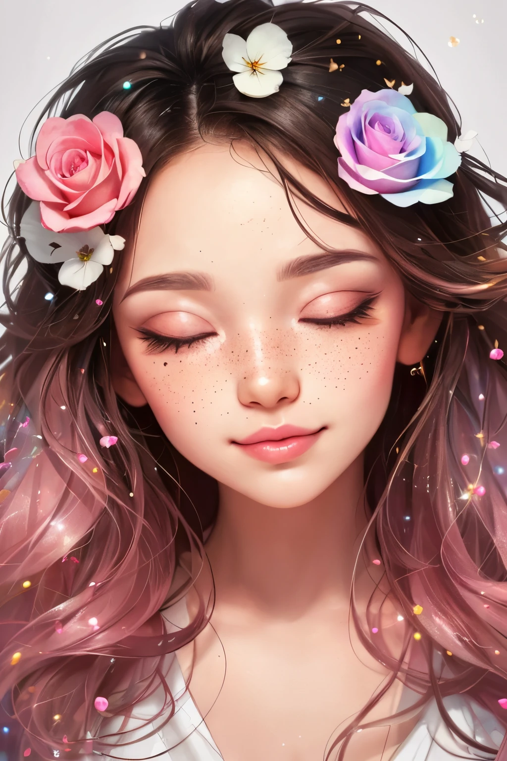 (This is a beautiful rainbow fantasy image that feels interesting and emphasizes glitter and iridescence.) Generate a ((blind)) curvy woman with colorful curly hair and milky white eyes. Her face is important and is perfectly formed with puffy lips and perfect features. (Her eyes are critically important and are (blank) and (solid white)). The image exudes ethereal beauty and soft fantasy. Include sweet and detailed birds and soft, luminous flowers in all the colors of the rainbow. The image's background is decorated in shades of pink, shimmer, glitter, and fantasy details like colored bubbles and cosmos. Utilize dynamic composition to create a compelling and action-packed image. Dramatic lighting and cinematic lighting enhance the woman's beauty and the soft colors in the artwork. (((((Perspective: head on.))))) Include fantasy, cute, colorful, colourful, interesting magic background, ((((blank eyes)))), ((((empty white eyes)))), (shirome eyes:1.3), (smirking), (perfectly rendered solid whiteeyes), ((birthmark on lip)), ((pretty lips)), beautiful background, complex background, sweet background, (((rainbow))), subtle freckles, natural freckles, Surround her with eternal roses in shimmering shades. Add whimsical details like stars, bubbles, and glitter for an enchanting touch. Ensure perfection in her face, hair, and eyes. Incorporate elements of high fantasy, whimsy, and detailed elegance. English rose, princess, courtesan, noblewoman, sweet, lovely, calm, lovely, shimmering, glimmering, glittering, astrological fantasy, (((masterpiece))), (highest quality), magic rose, fantasy garden, beautiful face, perfect face, puffy lips, interesting, shy smile, fantasy elements, magic rose, beautiful eyes, perfect puffy lips, jewel tones, luminosity