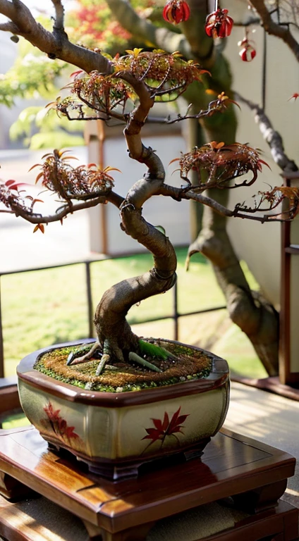 a small Bonsai tree, detailed red leaves and branches, traditional Japanese art style, vibrant colors, soft natural lighting, intricate root system, carefully pruned branches, miniature size, ancient art of Bonsai, realistic and lifelike, serene atmosphere, red leaves

