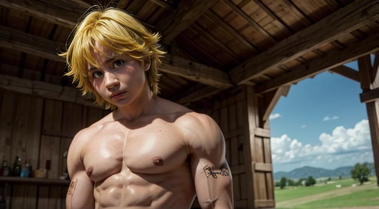 Obra maestra, mejor calidad, ultra detallado, illustration, 1 chico, solo, enfoque masculino, mirando al espectador, parte superior del cuerpo, profundidad de campo, meliodas_nanatsu_No_taizai, , pelo rubio, ojos verdes, mangas largas