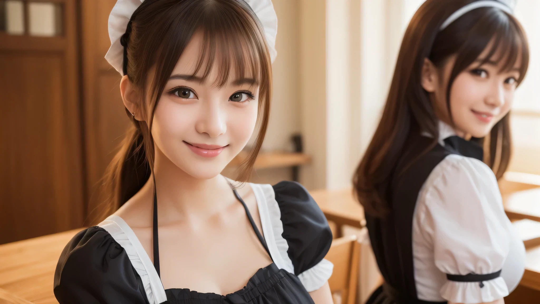 (2girl:1.3), (cute smile:1.2), (extremely detailed beautiful face), (highly detailed eyes, highly detailed face), (Maid cafe, maid cafe costume, mini skirt:1.2), Fresh, very clean appearance, (best Quality:1.4), (hyper-realistic, hight resolution), Professional Photography, standing, Indoor, (maid cafe), Close up portrait of girl, staring at me, cleavage, (Fine face:1.2),