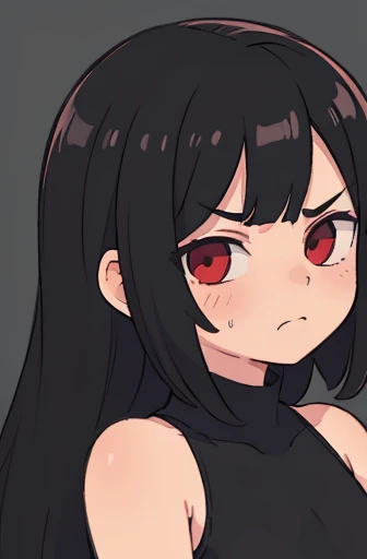 (best quality, ultra-detailed, realistic:1.37),portrait,expressive,studio lighting,vivid colors,high contrast,soft shading, 1girl, long black hair, red eyes, black leather pants, frowning, fair skin, black tank top, black boots