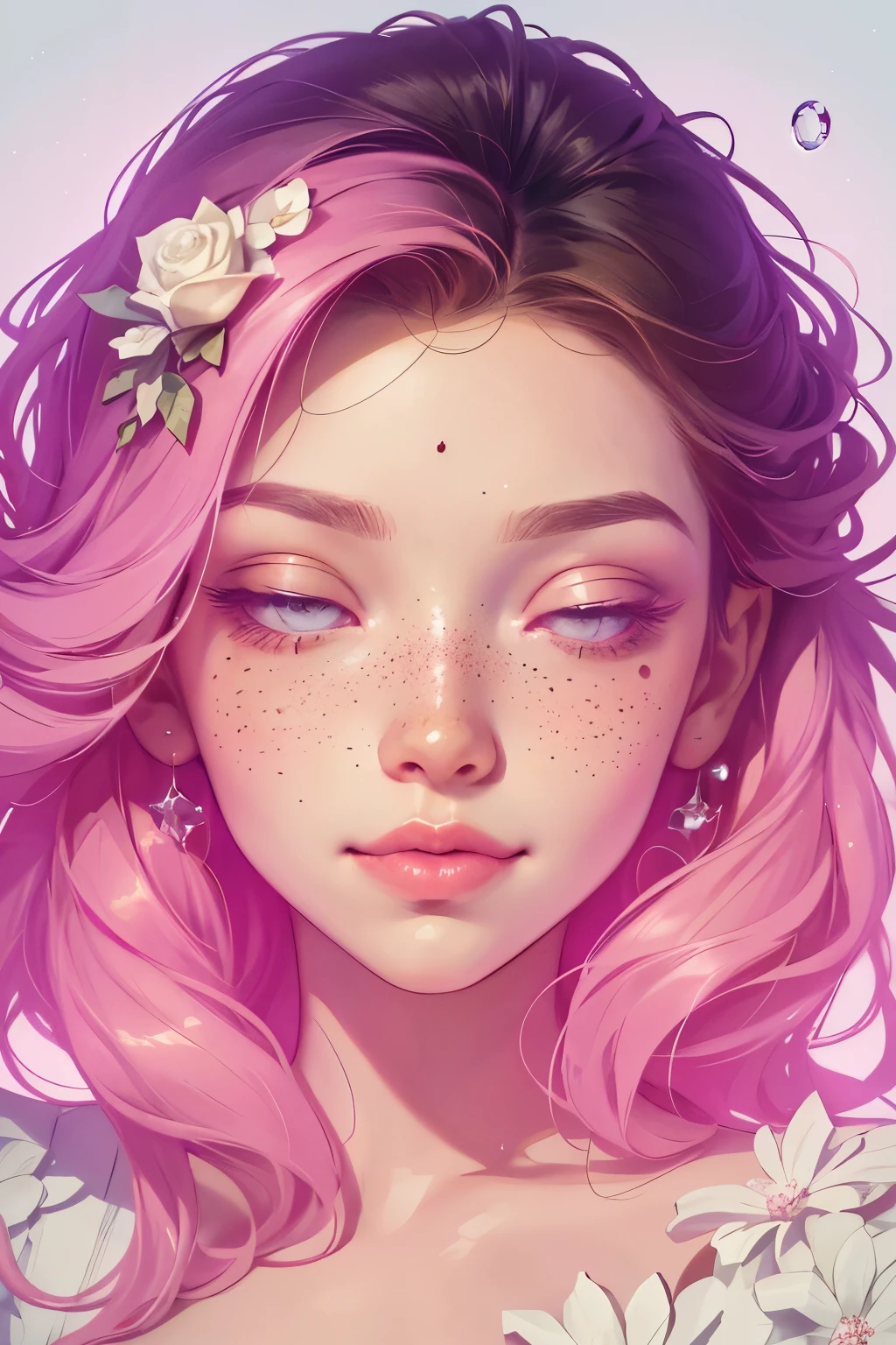 (This is a beautiful rainbow fantasy image that feels interesting and emphasizes glitter and iridescence.) Generate a ((blind)) curvy woman with colorful curly hair and milky white eyes. Her face is important and is perfectly formed with puffy lips and perfect features. (Her eyes are critically important and are (blank) and (solid white)). The image exudes ethereal beauty and soft fantasy. Include sweet and detailed birds and soft, luminous flowers in all the colors of the rainbow. The image's background is decorated in shades of pink, shimmer, glitter, and fantasy details like colored bubbles and cosmos. Utilize dynamic composition to create a compelling and action-packed image. Dramatic lighting and cinematic lighting enhance the woman's beauty and the soft colors in the artwork. (((((Perspective: head on.))))) Include fantasy, cute, colorful, colourful, interesting magic background, ((((blank eyes)))), ((((empty white eyes)))), (shirome eyes:1.3), (smirking), (perfectly rendered solid whiteeyes), ((birthmark on lip)), ((pretty lips)), beautiful background, complex background, sweet background, (((rainbow))), subtle freckles, natural freckles, Surround her with eternal roses in shimmering shades. Add whimsical details like stars, bubbles, and glitter for an enchanting touch. Ensure perfection in her face, hair, and eyes. Incorporate elements of high fantasy, whimsy, and detailed elegance. English rose, princess, courtesan, noblewoman, sweet, lovely, calm, lovely, shimmering, glimmering, glittering, astrological fantasy, (((masterpiece))), (highest quality), magic rose, fantasy garden, beautiful face, perfect face, puffy lips, interesting, shy smile, fantasy elements, magic rose, beautiful eyes, perfect puffy lips, jewel tones, luminosity