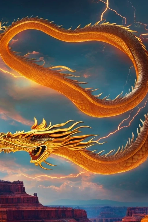 So sublime and divine々A beautiful golden dragon coiled up in the center of the screen, glaring at the camera.。金色のThe dragon is幸せをもたらす神なのでとても有難い存在である。The surrounding area is a canyon where no one can get close, and lightning is flashing in the background.、The sun is shining brightly。A man standing at the bottom of the canyon is worshipping the dragon with gratitude.。The dragon is、I want a realistic image。