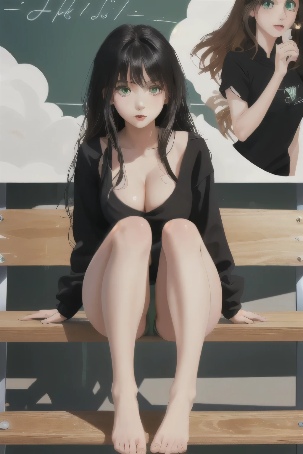 Beautiful girl, goth, long hair, green eyes, bangs, loose black sweatshirt, cleavage, legs, cute face, school background, zoom in legs to head