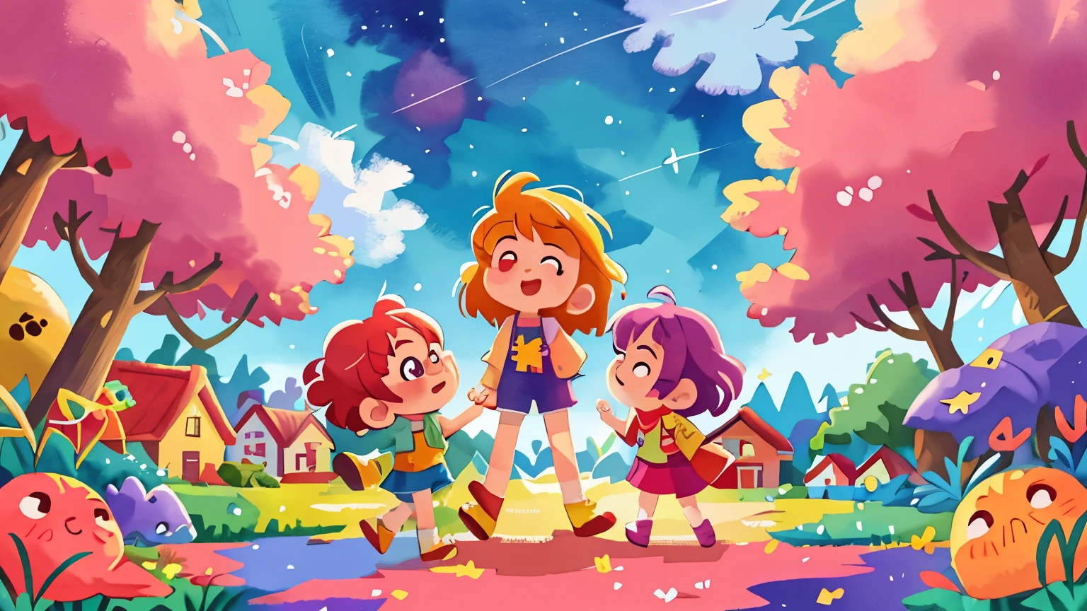 
Create  watercolor illustration of a colorful city whit colorful little houses, no trees , that looks like it came straight out of a dream. The planet is a true spectacle of lights and shapes , surreal features,  dynamic colors. The skies are painted with stunning auroras that reflect the diverse emotions of the inhabitants, filling the atmosphere with waves of pinks, blues, greens, and purples. Above, a starry sky adds to the magical ambiance, with stars twinkling in harmony with the auroras. The entire scene should evoke a sense of wonder, joy, and fantastical beauty, perfect for a children's book.