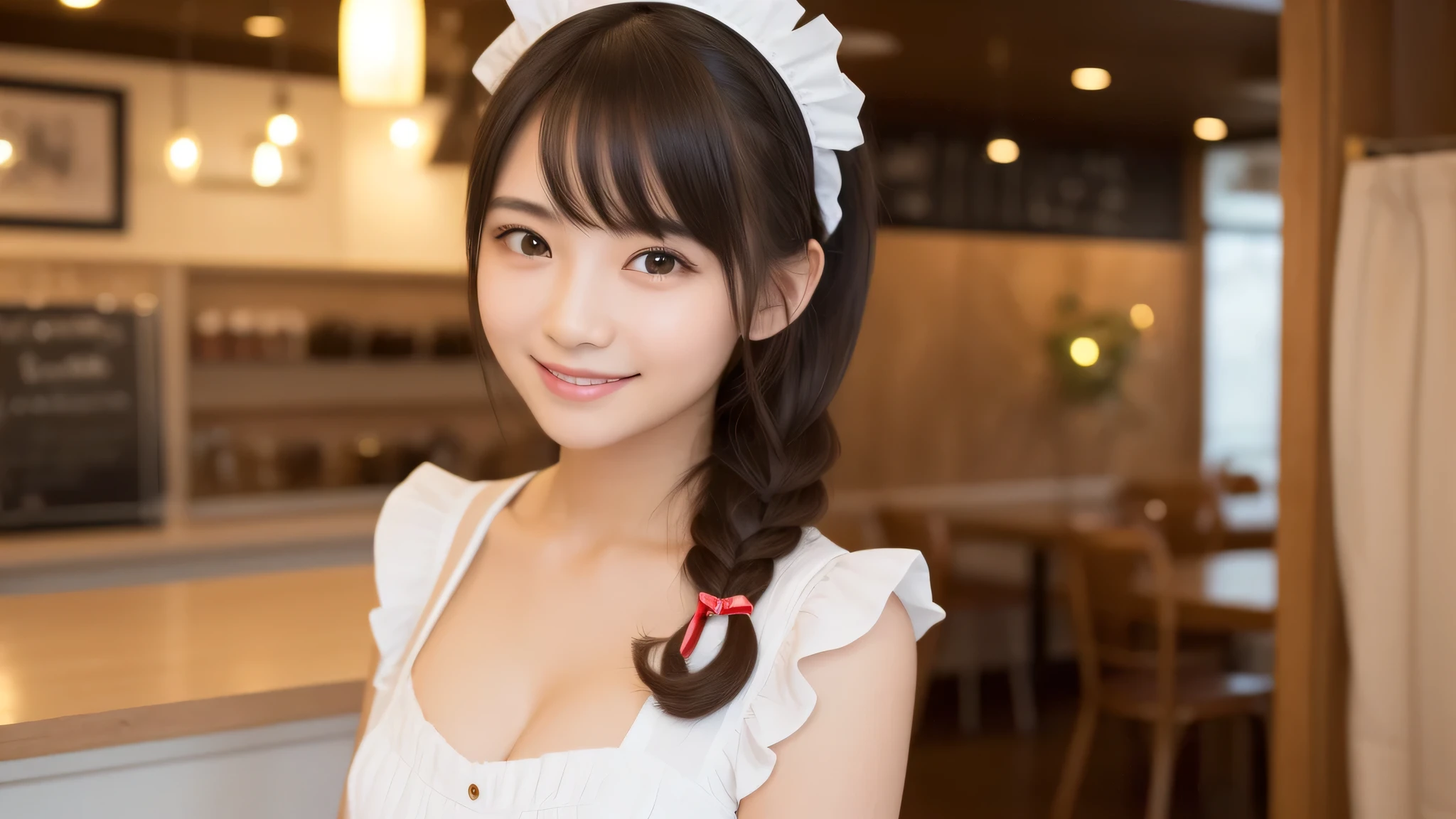 (2girl:1.3), (cute smile:1.2), (extremely detailed beautiful face), (highly detailed eyes, highly detailed face), (ribbon headband in hair, Maid cafe, maid cafe costume, mini skirt:1.2), Fresh, very clean appearance, (best Quality:1.4), (hyper-realistic, hight resolution), Professional Photography, standing, Indoor, (maid cafe), Close up portrait of girl, staring at me, cleavage, (Fine face:1.2), 