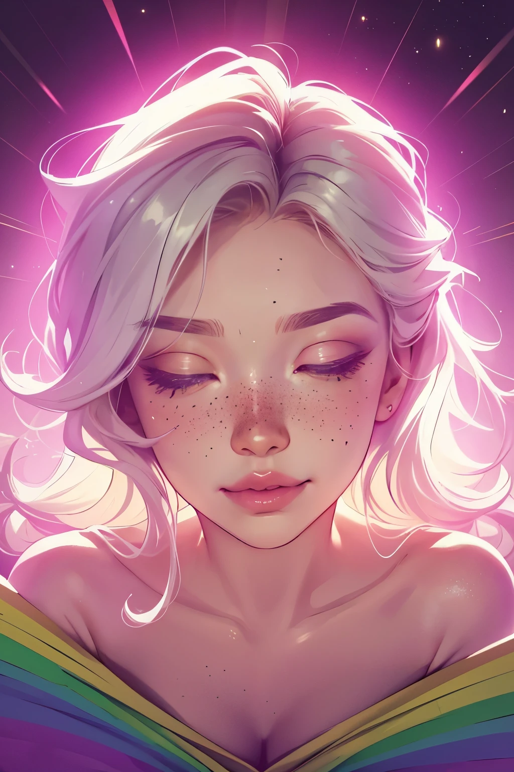 (This is a beautiful rainbow fantasy image that feels interesting and emphasizes glitter and iridescence.) Generate a ((blind)) curvy woman with colorful curly hair and milky white eyes. Her face is important and is perfectly formed with puffy lips and perfect features. (Her eyes are critically important and are (blank) and (solid white)). The image exudes ethereal beauty and soft fantasy. Include sweet and detailed birds and soft, luminous flowers in all the colors of the rainbow. The image's background is decorated in shades of pink, shimmer, glitter, and fantasy details like colored bubbles and cosmos. Utilize dynamic composition to create a compelling and action-packed image. Dramatic lighting and cinematic lighting enhance the woman's beauty and the soft colors in the artwork. (((((Perspective: head on.))))) Include fantasy, cute, colorful, colourful, interesting magic background, ((((blank eyes)))), ((((empty white eyes)))), (shirome eyes:1.3), (smirking), (perfectly rendered solid whiteeyes), ((birthmark on lip)), ((pretty lips)), beautiful background, complex background, sweet background, (((rainbow))), subtle freckles, natural freckles, Surround her with eternal roses in shimmering shades. Add whimsical details like stars, bubbles, and glitter for an enchanting touch. Ensure perfection in her face, hair, and eyes. Incorporate elements of high fantasy, whimsy, and detailed elegance. English rose, princess, courtesan, noblewoman, sweet, lovely, calm, lovely, shimmering, glimmering, glittering, astrological fantasy, (((masterpiece))), (highest quality), magic rose, fantasy garden, beautiful face, perfect face, puffy lips, interesting, shy smile, fantasy elements, magic rose, beautiful eyes, perfect puffy lips, jewel tones, luminosity