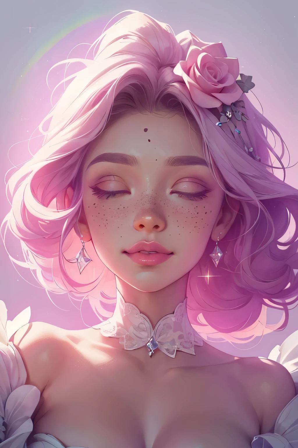 (This is a beautiful rainbow fantasy image that feels interesting and emphasizes glitter and iridescence.) Generate a ((blind)) curvy woman with colorful curly hair and milky white eyes. Her face is important and is perfectly formed with puffy lips and perfect features. (Her eyes are critically important and are (blank) and (solid white)). The image exudes ethereal beauty and soft fantasy. Include sweet and detailed birds and soft, luminous flowers in all the colors of the rainbow. The image's background is decorated in shades of pink, shimmer, glitter, and fantasy details like colored bubbles and cosmos. Utilize dynamic composition to create a compelling and action-packed image. Dramatic lighting and cinematic lighting enhance the woman's beauty and the soft colors in the artwork. (((((Perspective: head on.))))) Include fantasy, cute, colorful, colourful, interesting magic background, ((((blank eyes)))), ((((empty white eyes)))), (shirome eyes:1.3), (smirking), (perfectly rendered solid whiteeyes), ((birthmark on lip)), ((pretty lips)), beautiful background, complex background, sweet background, (((rainbow))), subtle freckles, natural freckles, Surround her with eternal roses in shimmering shades. Add whimsical details like stars, bubbles, and glitter for an enchanting touch. Ensure perfection in her face, hair, and eyes. Incorporate elements of high fantasy, whimsy, and detailed elegance. English rose, princess, courtesan, noblewoman, sweet, lovely, calm, lovely, shimmering, glimmering, glittering, astrological fantasy, (((masterpiece))), (highest quality), magic rose, fantasy garden, beautiful face, perfect face, puffy lips, interesting, shy smile, fantasy elements, magic rose, beautiful eyes, perfect puffy lips, jewel tones, luminosity