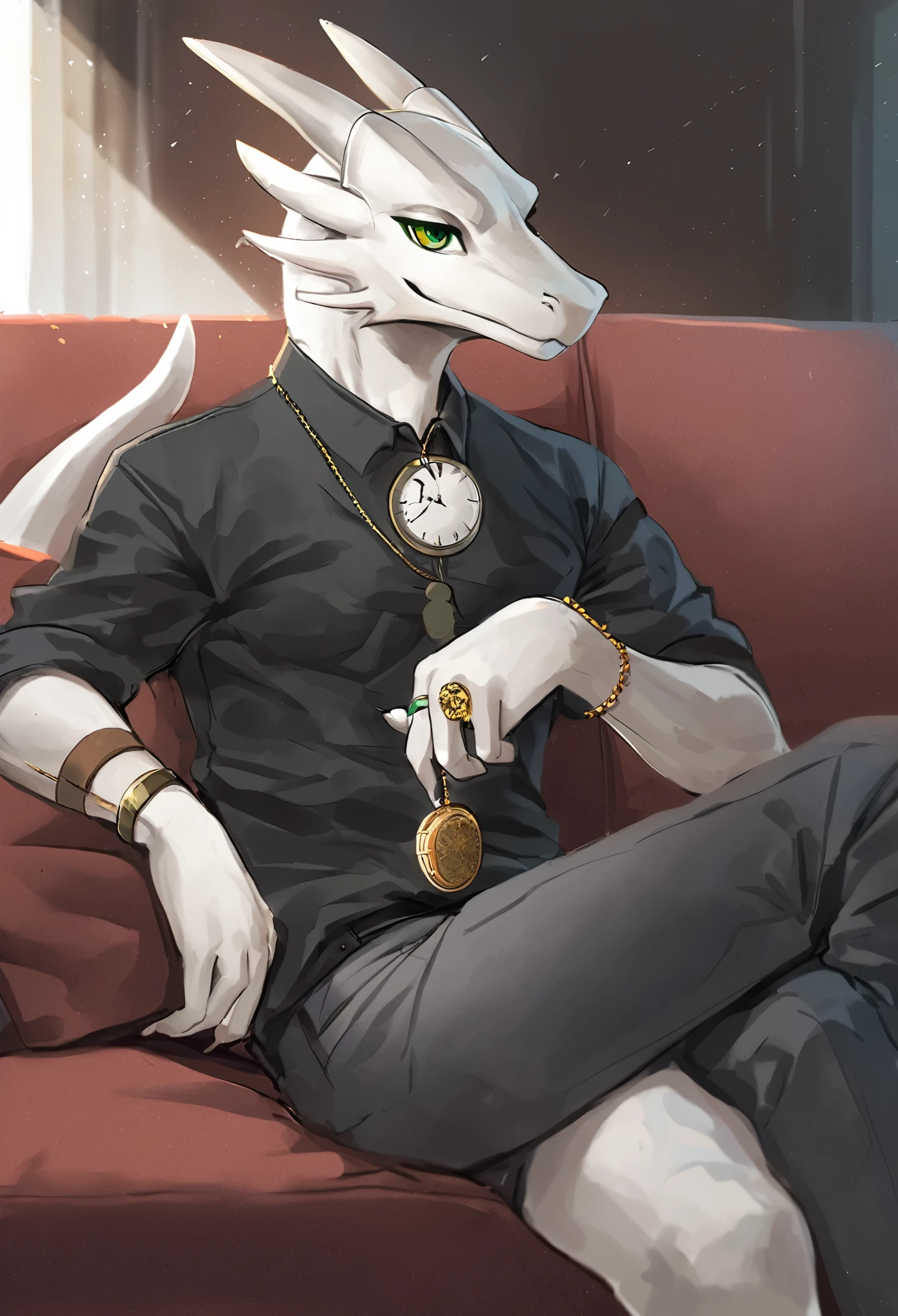 Oriental White Dragon(species),Casual attire,Deep green eyes,toned figure,Overcast personality,Holding a pocket watch,sitting in the couch,Holding a ring