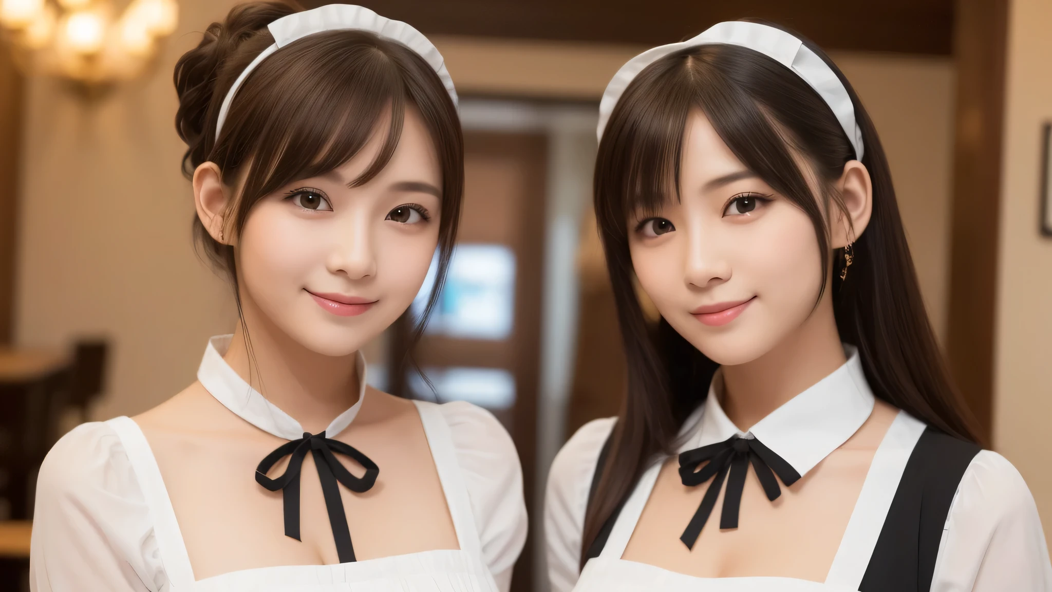 (2girl:1.3), (cute smile:1.2), (extremely detailed beautiful face), (highly detailed eyes, highly detailed face), (ribbon headband in hair, Maid cafe, maid cafe costume, mini skirt:1.2), Fresh, very clean appearance, (best Quality:1.4), (hyper-realistic, hight resolution), Professional Photography, standing, Indoor, (maid cafe), Close up portrait of girl, staring at me, cleavage, (Fine face:1.2),