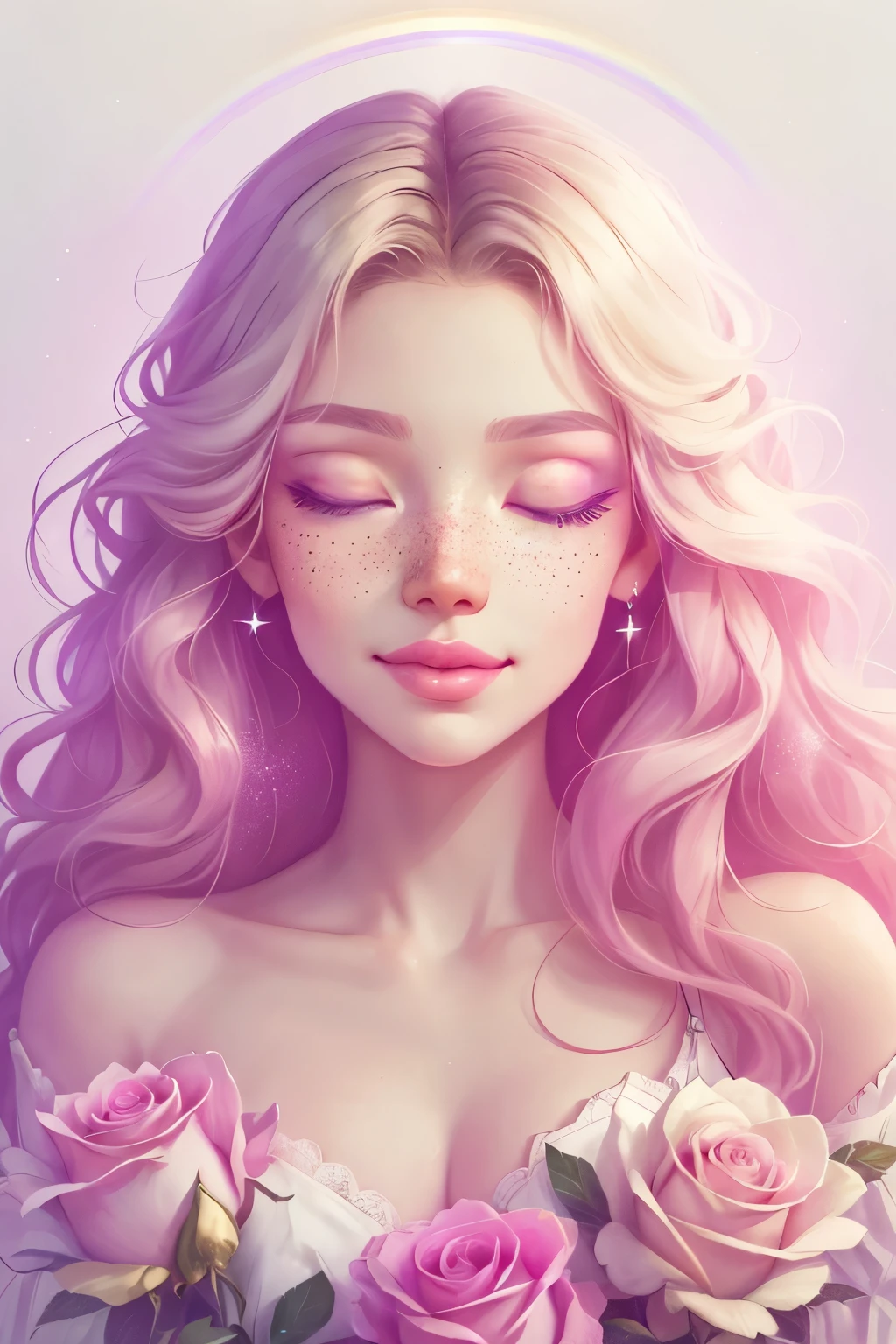 (This is a beautiful rainbow fantasy image that feels interesting and emphasizes glitter and iridescence.) Generate a ((blind)) curvy woman with colorful curly hair and milky white eyes. Her face is important and is perfectly formed with puffy lips and perfect features. (Her eyes are critically important and are (blank) and (solid white)). The image exudes ethereal beauty and soft fantasy. Include sweet and detailed birds and soft, luminous flowers in all the colors of the rainbow. The image's background is decorated in shades of pink, shimmer, glitter, and fantasy details like colored bubbles and cosmos. Utilize dynamic composition to create a compelling and action-packed image. Dramatic lighting and cinematic lighting enhance the woman's beauty and the soft colors in the artwork. (((((Perspective: head on.))))) Include fantasy, cute, colorful, colourful, interesting magic background, ((((blank eyes)))), ((((empty white eyes)))), (shirome eyes:1.3), (smirking), (perfectly rendered solid whiteeyes), ((birthmark on lip)), ((pretty lips)), beautiful background, complex background, sweet background, (((rainbow))), subtle freckles, natural freckles, Surround her with eternal roses in shimmering shades. Add whimsical details like stars, bubbles, and glitter for an enchanting touch. Ensure perfection in her face, hair, and eyes. Incorporate elements of high fantasy, whimsy, and detailed elegance. English rose, princess, courtesan, noblewoman, sweet, lovely, calm, lovely, shimmering, glimmering, glittering, astrological fantasy, (((masterpiece))), (highest quality), magic rose, fantasy garden, beautiful face, perfect face, puffy lips, interesting, shy smile, fantasy elements, magic rose, beautiful eyes, perfect puffy lips, jewel tones, luminosity