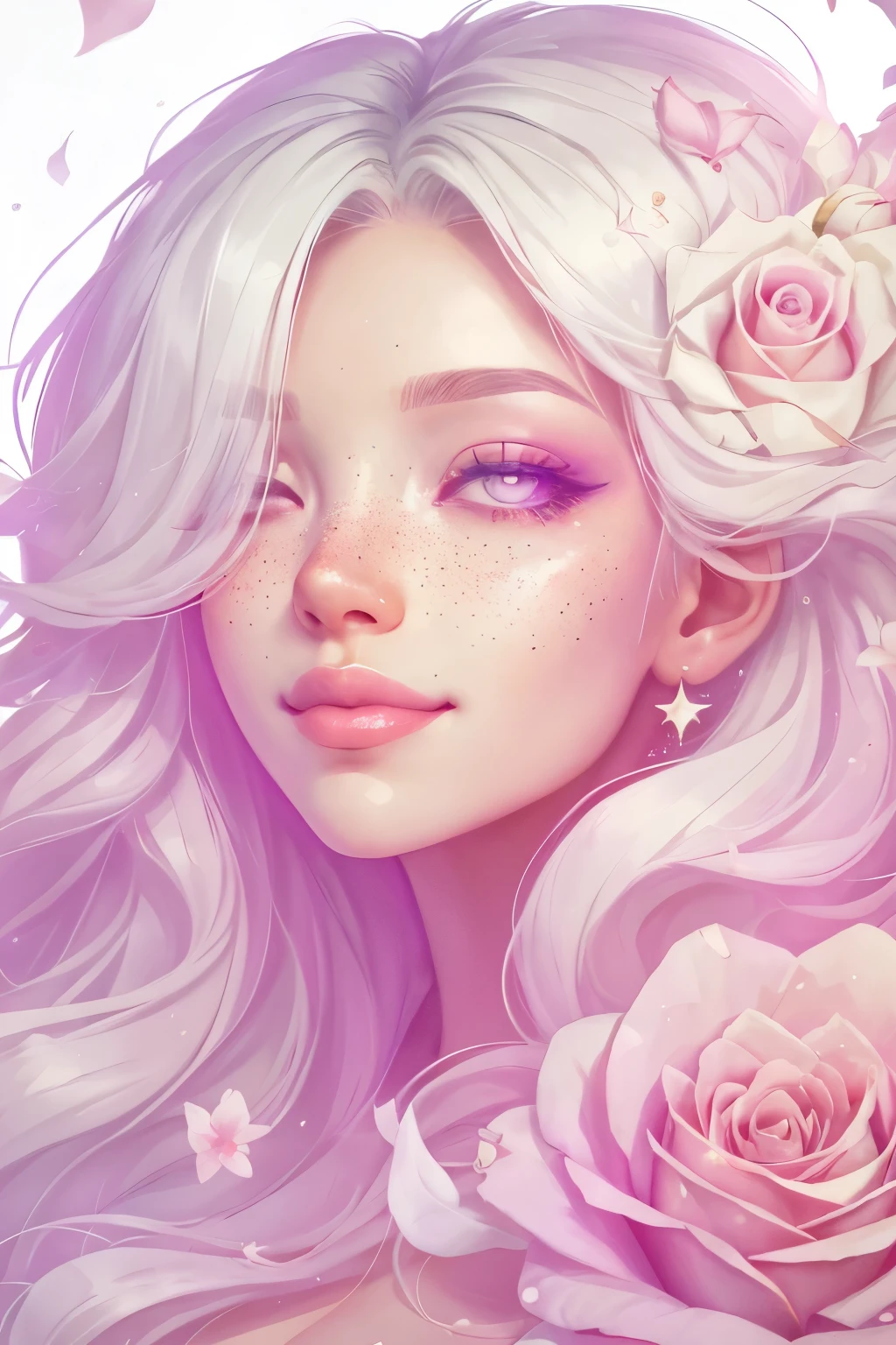 (This is a beautiful rainbow fantasy image that feels interesting and emphasizes glitter and iridescence.) Generate a ((blind)) curvy woman with colorful curly hair and milky white eyes. Her face is important and is perfectly formed with puffy lips and perfect features. (Her eyes are critically important and are (blank) and (solid white)). The image exudes ethereal beauty and soft fantasy. Include sweet and detailed birds and soft, luminous flowers in all the colors of the rainbow. The image's background is decorated in shades of pink, shimmer, glitter, and fantasy details like colored bubbles and cosmos. Utilize dynamic composition to create a compelling and action-packed image. Dramatic lighting and cinematic lighting enhance the woman's beauty and the soft colors in the artwork. (((((Perspective: head on.))))) Include fantasy, cute, colorful, colourful, interesting magic background, ((((blank eyes)))), ((((empty white eyes)))), (shirome eyes:1.3), (smirking), (perfectly rendered solid whiteeyes), ((birthmark on lip)), ((pretty lips)), beautiful background, complex background, sweet background, (((rainbow))), subtle freckles, natural freckles, Surround her with eternal roses in shimmering shades. Add whimsical details like stars, bubbles, and glitter for an enchanting touch. Ensure perfection in her face, hair, and eyes. Incorporate elements of high fantasy, whimsy, and detailed elegance. English rose, princess, courtesan, noblewoman, sweet, lovely, calm, lovely, shimmering, glimmering, glittering, astrological fantasy, (((masterpiece))), (highest quality), magic rose, fantasy garden, beautiful face, perfect face, puffy lips, interesting, shy smile, fantasy elements, magic rose, beautiful eyes, perfect puffy lips, jewel tones, luminosity